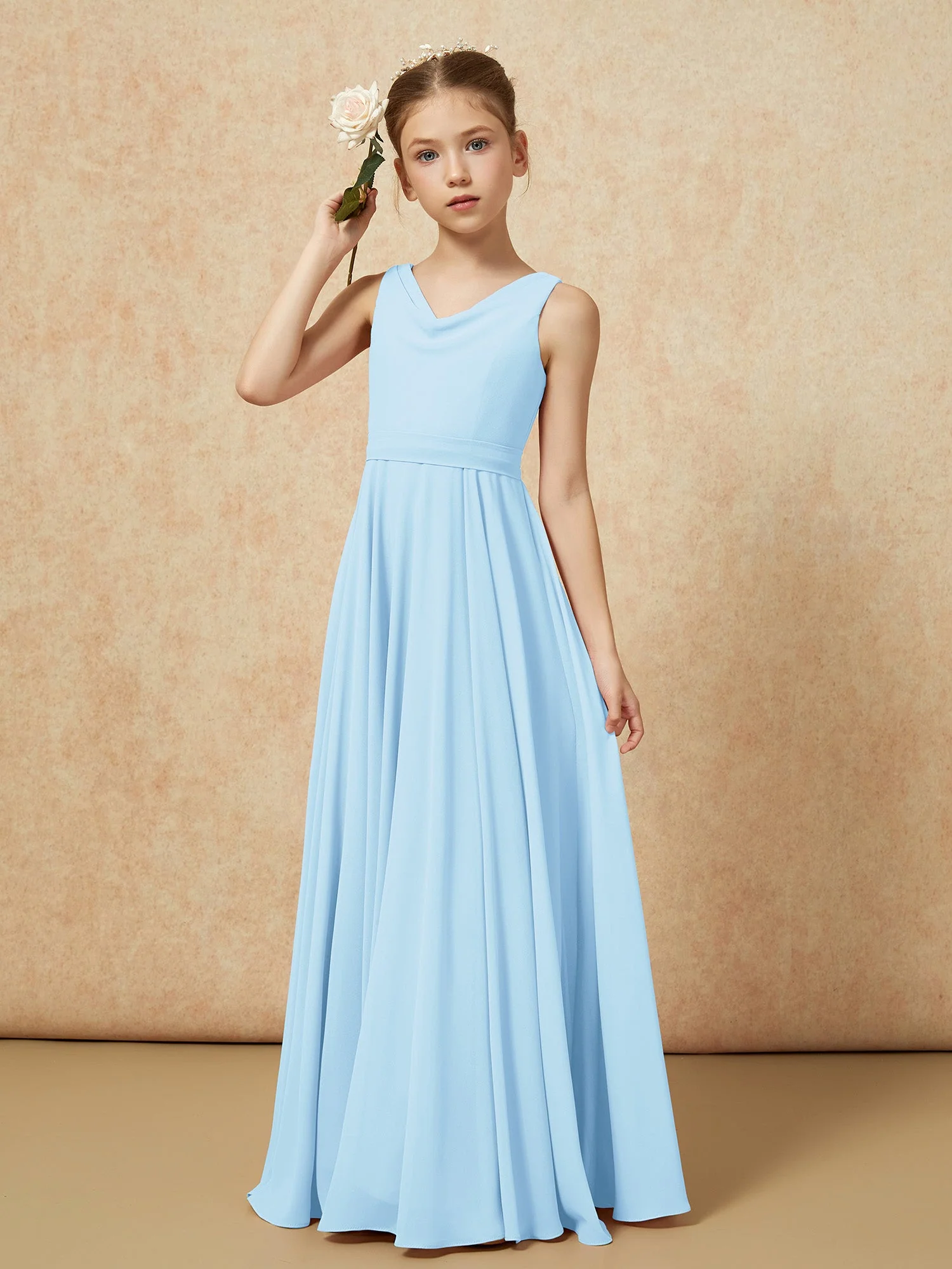 V-Ausschnitt Lang Chiffon Junge Brautjungfernkleider mit Gürtel Himmelblau - Image 4