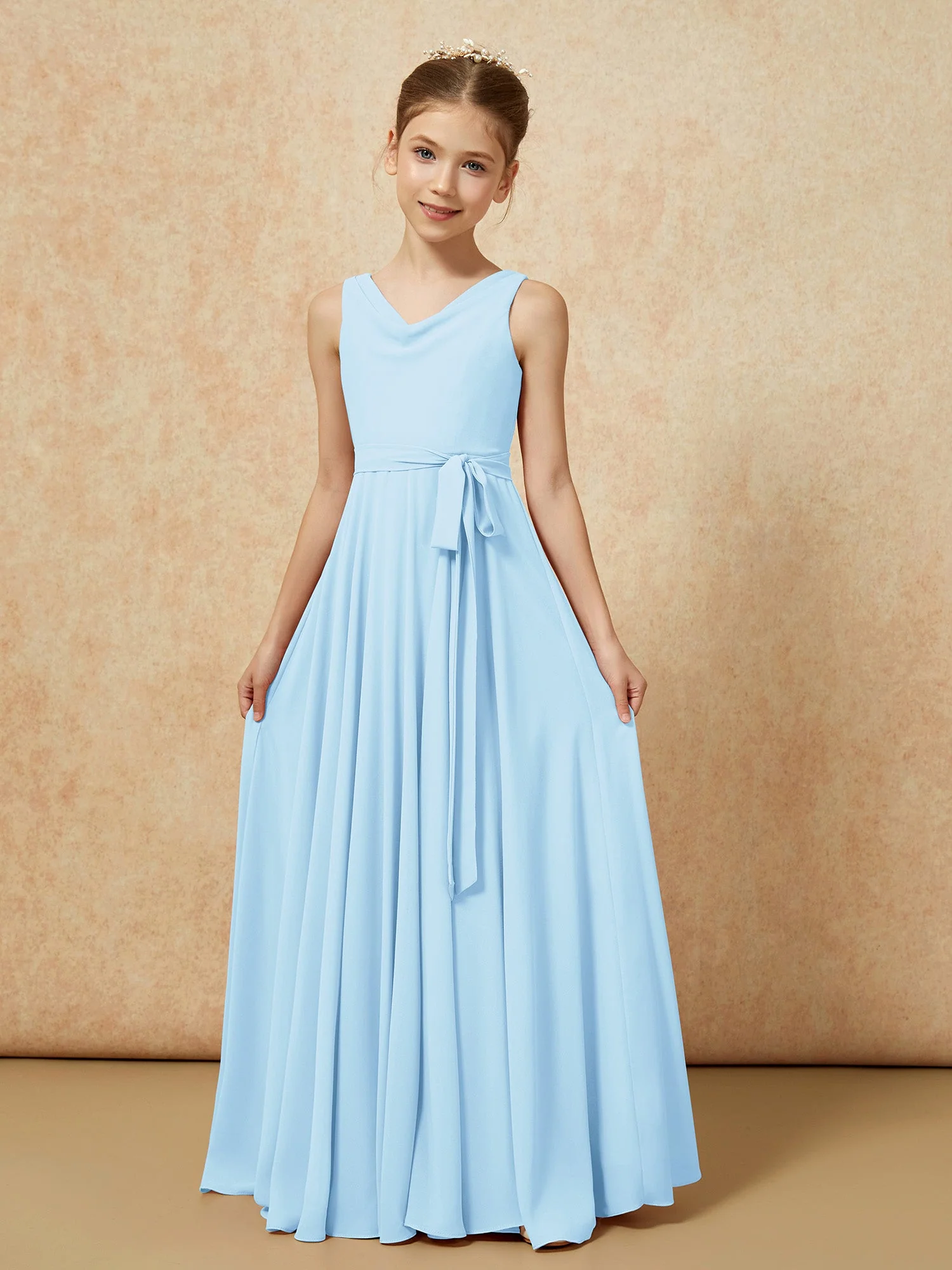 V-Ausschnitt Lang Chiffon Junge Brautjungfernkleider mit Gürtel Himmelblau - Image 5