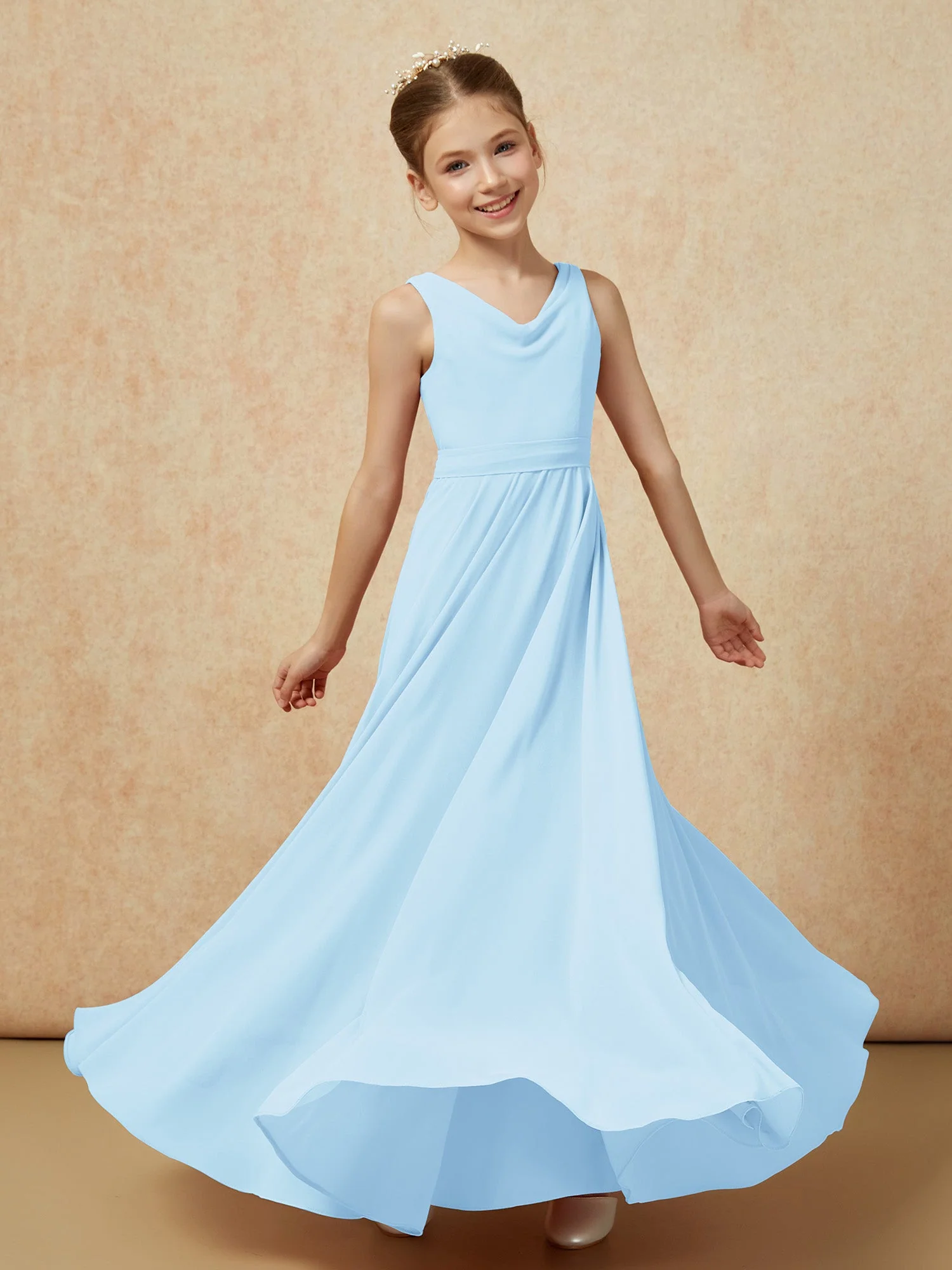 V-Ausschnitt Lang Chiffon Junge Brautjungfernkleider mit Gürtel Himmelblau - Image 6