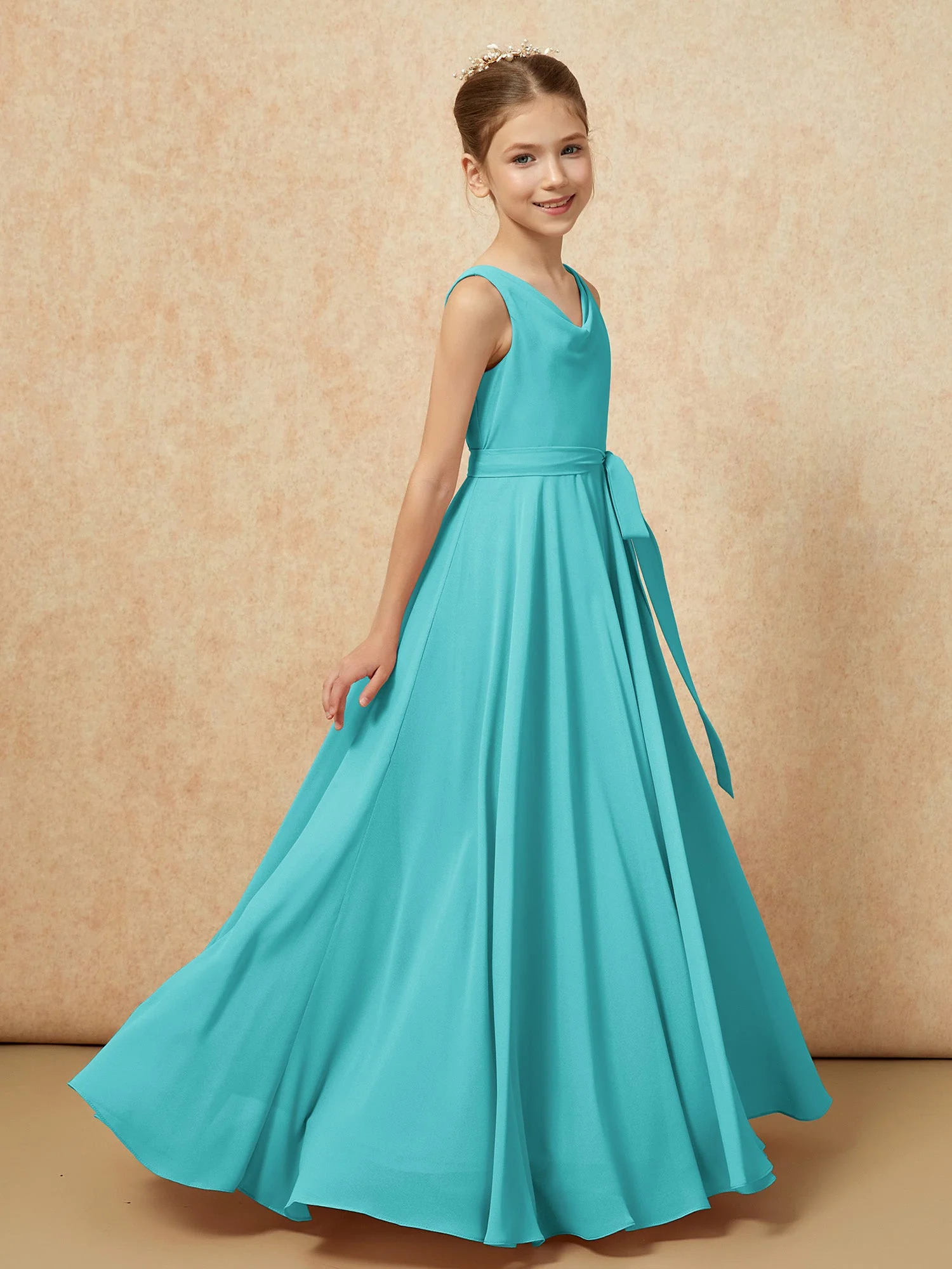 V-Ausschnitt Lang Chiffon Junge Brautjungfernkleider mit Gürtel Jade - Image 3