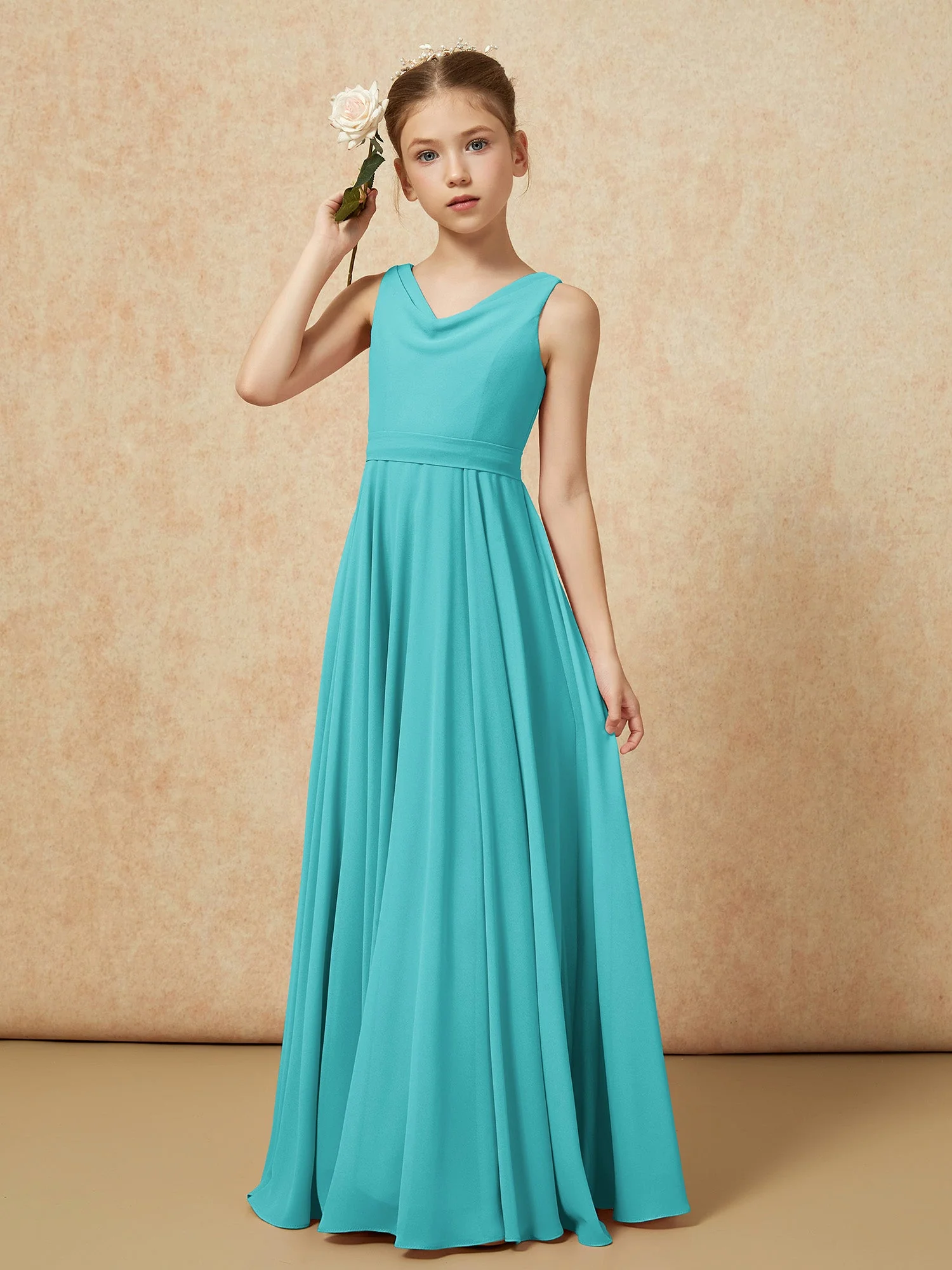 V-Ausschnitt Lang Chiffon Junge Brautjungfernkleider mit Gürtel Jade - Image 4