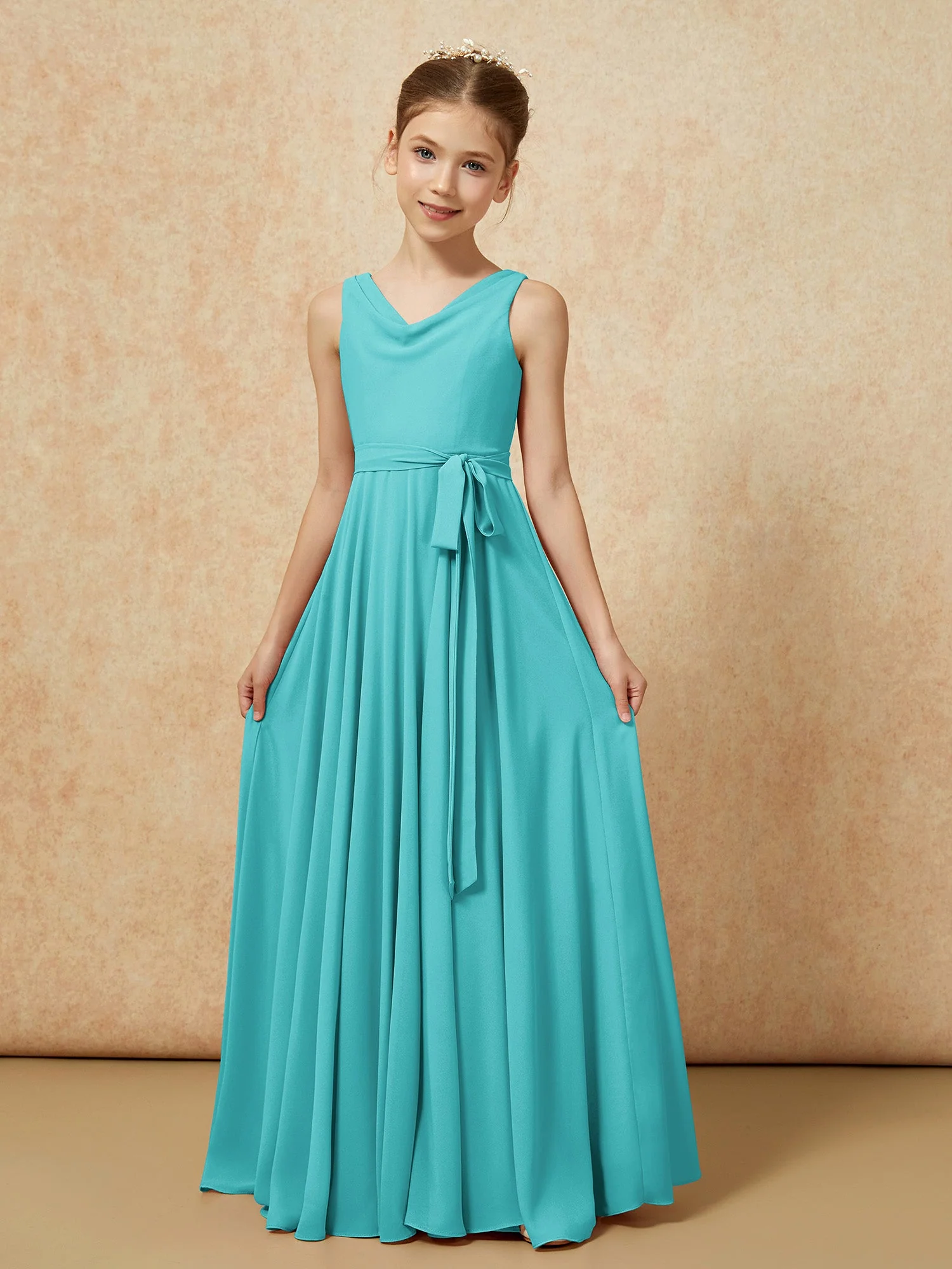 V-Ausschnitt Lang Chiffon Junge Brautjungfernkleider mit Gürtel Jade - Image 5