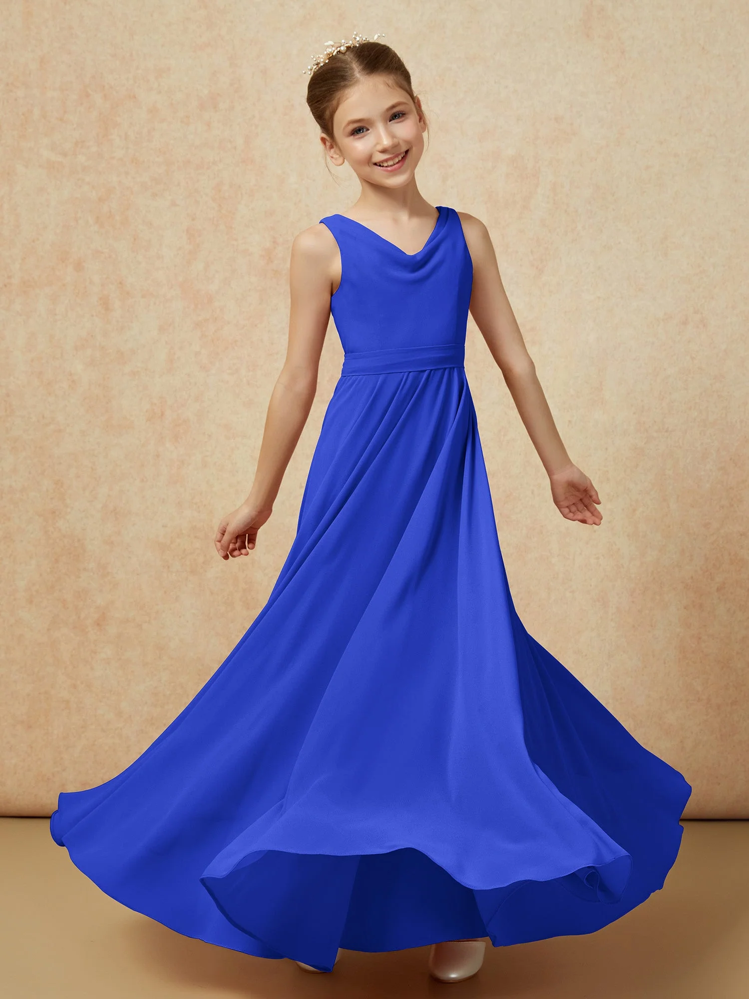 V-Ausschnitt Lang Chiffon Junge Brautjungfernkleider mit Gürtel Königsblau - Image 6