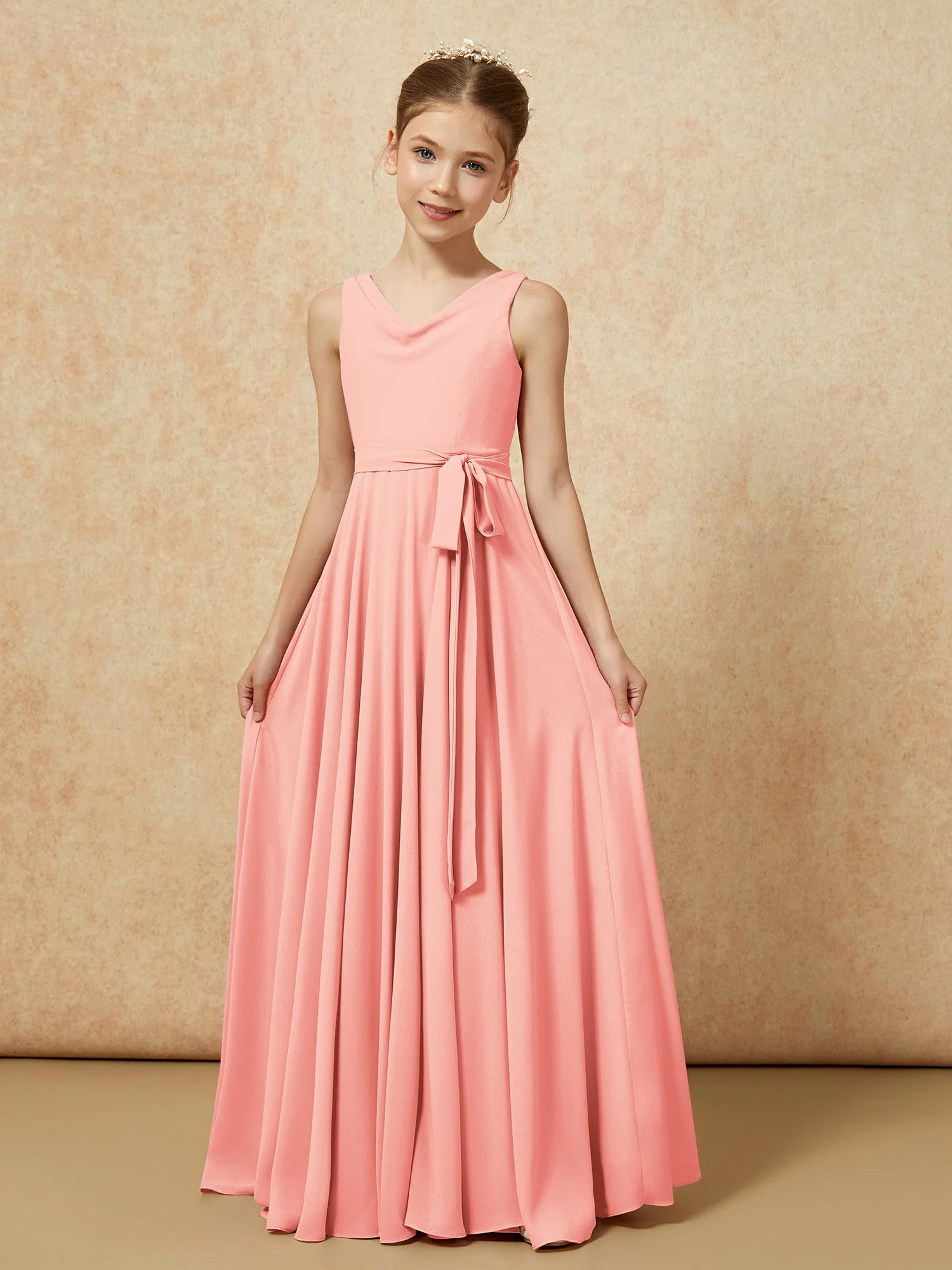 V-Ausschnitt Lang Chiffon Junge Brautjungfernkleider mit Gürtel Koralle - Image 5
