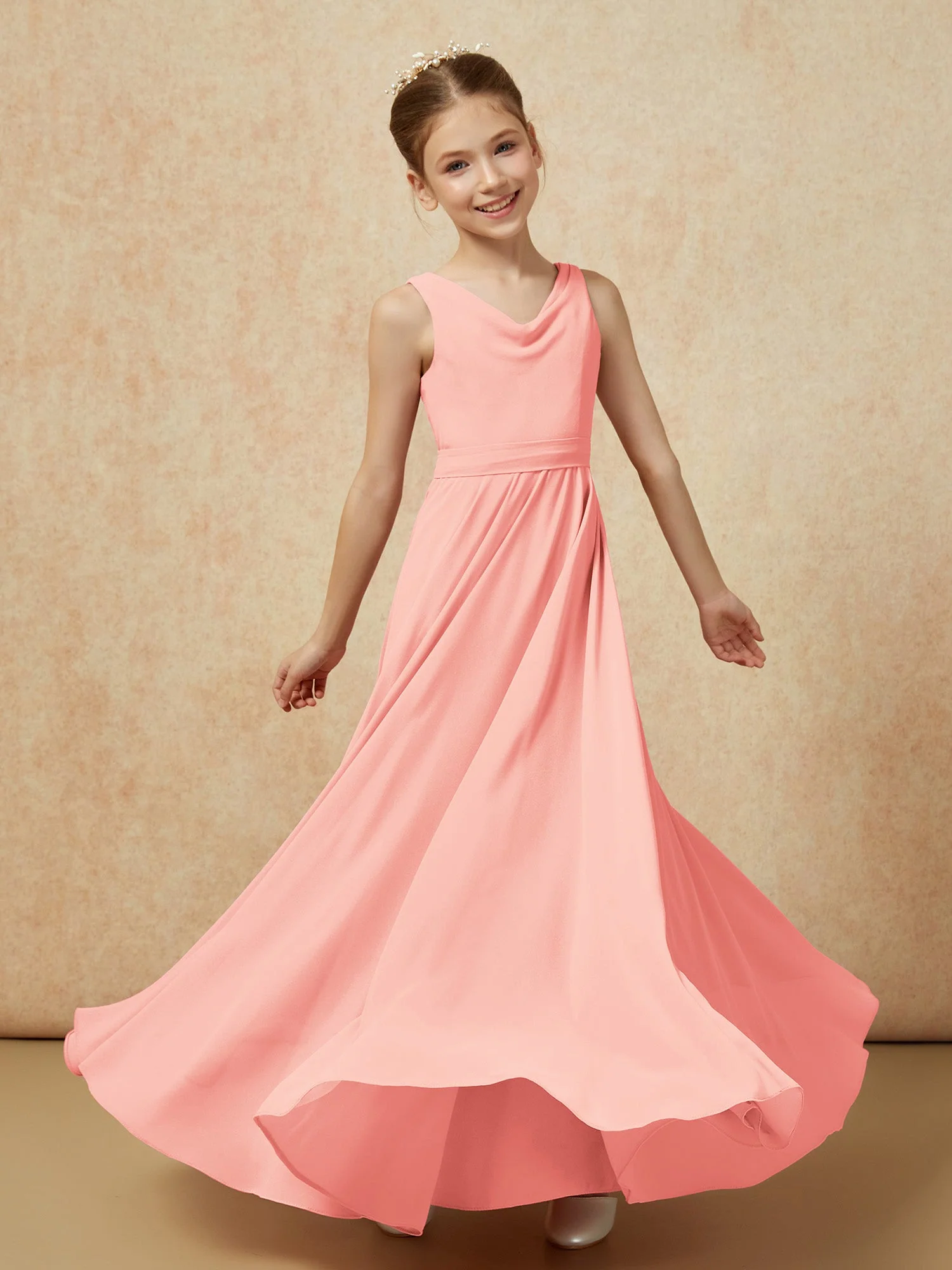 V-Ausschnitt Lang Chiffon Junge Brautjungfernkleider mit Gürtel Koralle - Image 6