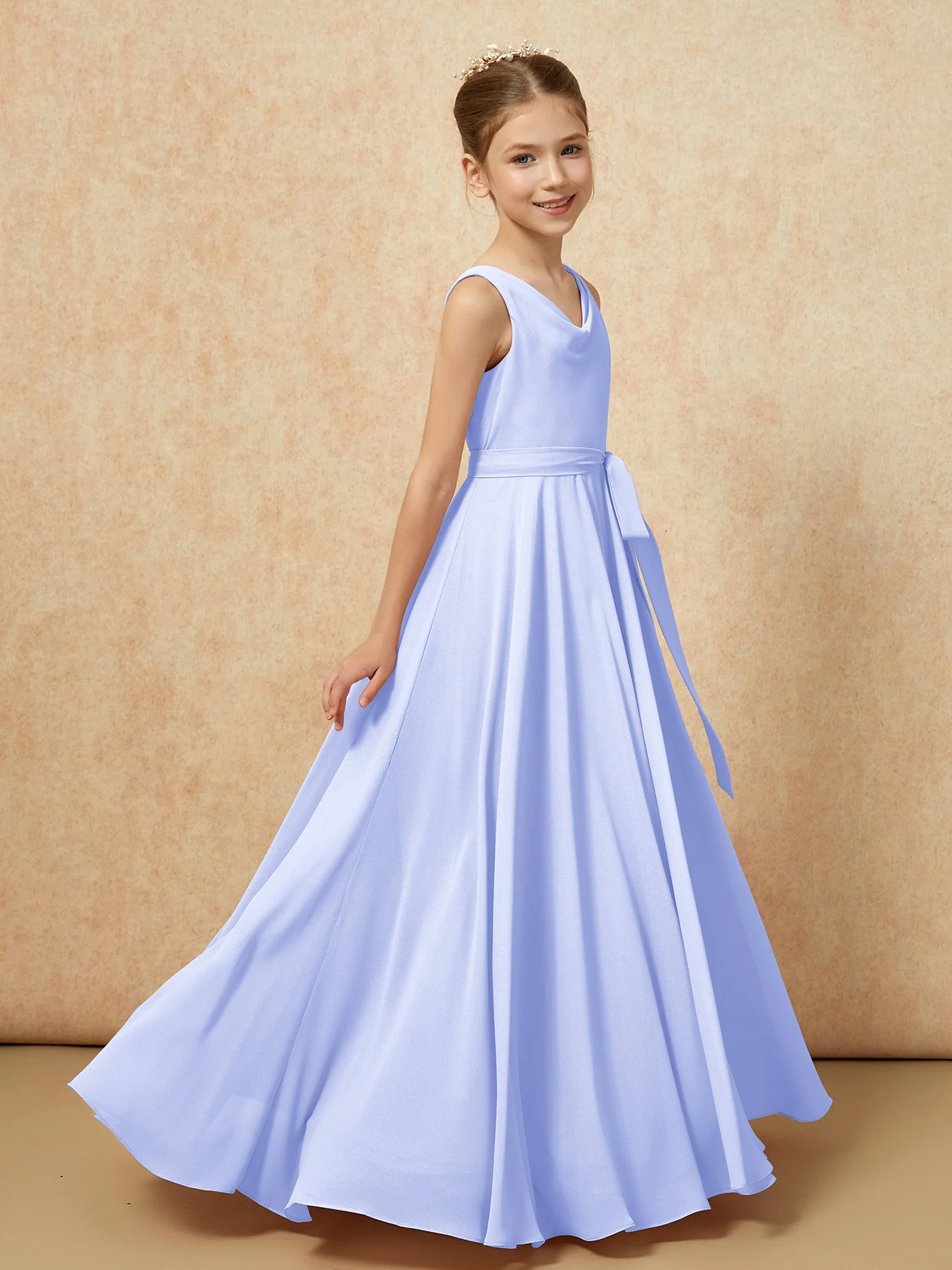 V-Ausschnitt Lang Chiffon Junge Brautjungfernkleider mit Gürtel Lavendel - Image 3