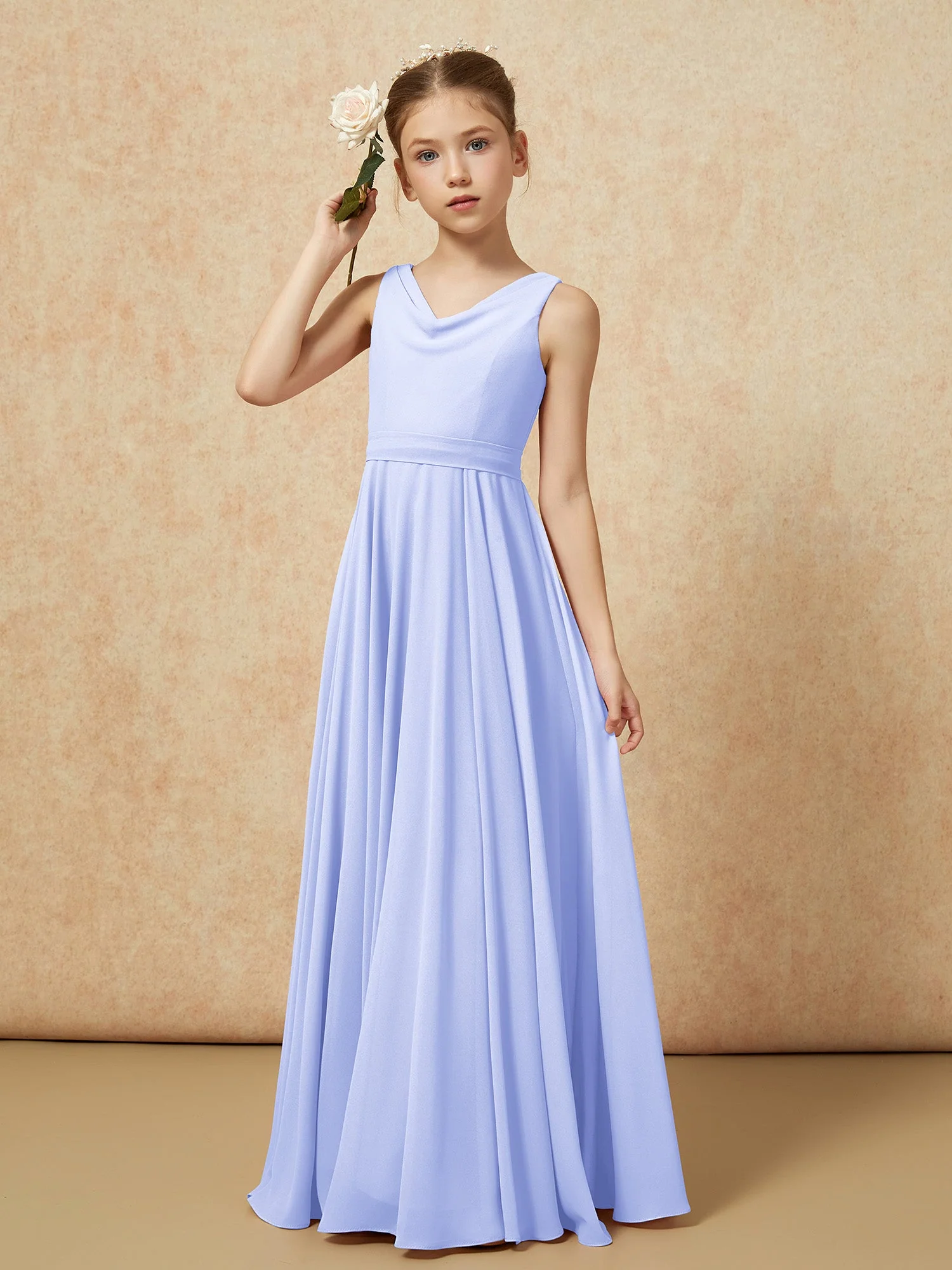V-Ausschnitt Lang Chiffon Junge Brautjungfernkleider mit Gürtel Lavendel - Image 4