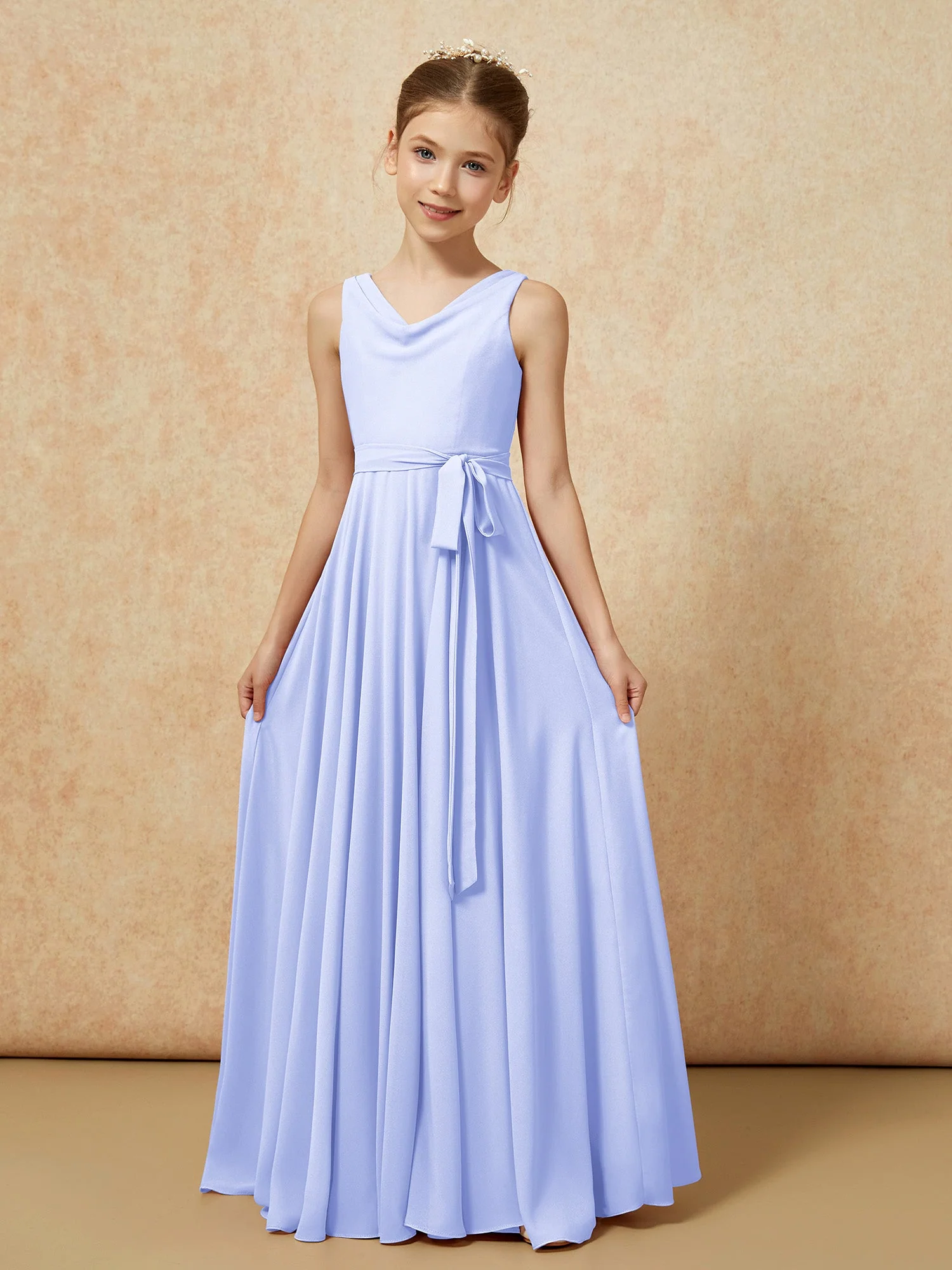 V-Ausschnitt Lang Chiffon Junge Brautjungfernkleider mit Gürtel Lavendel - Image 5