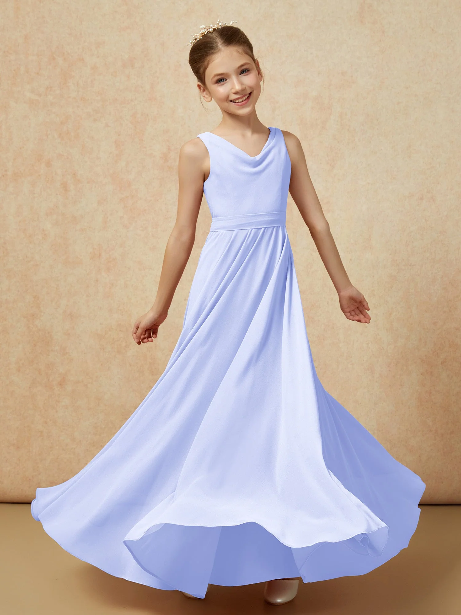 V-Ausschnitt Lang Chiffon Junge Brautjungfernkleider mit Gürtel Lavendel - Image 6