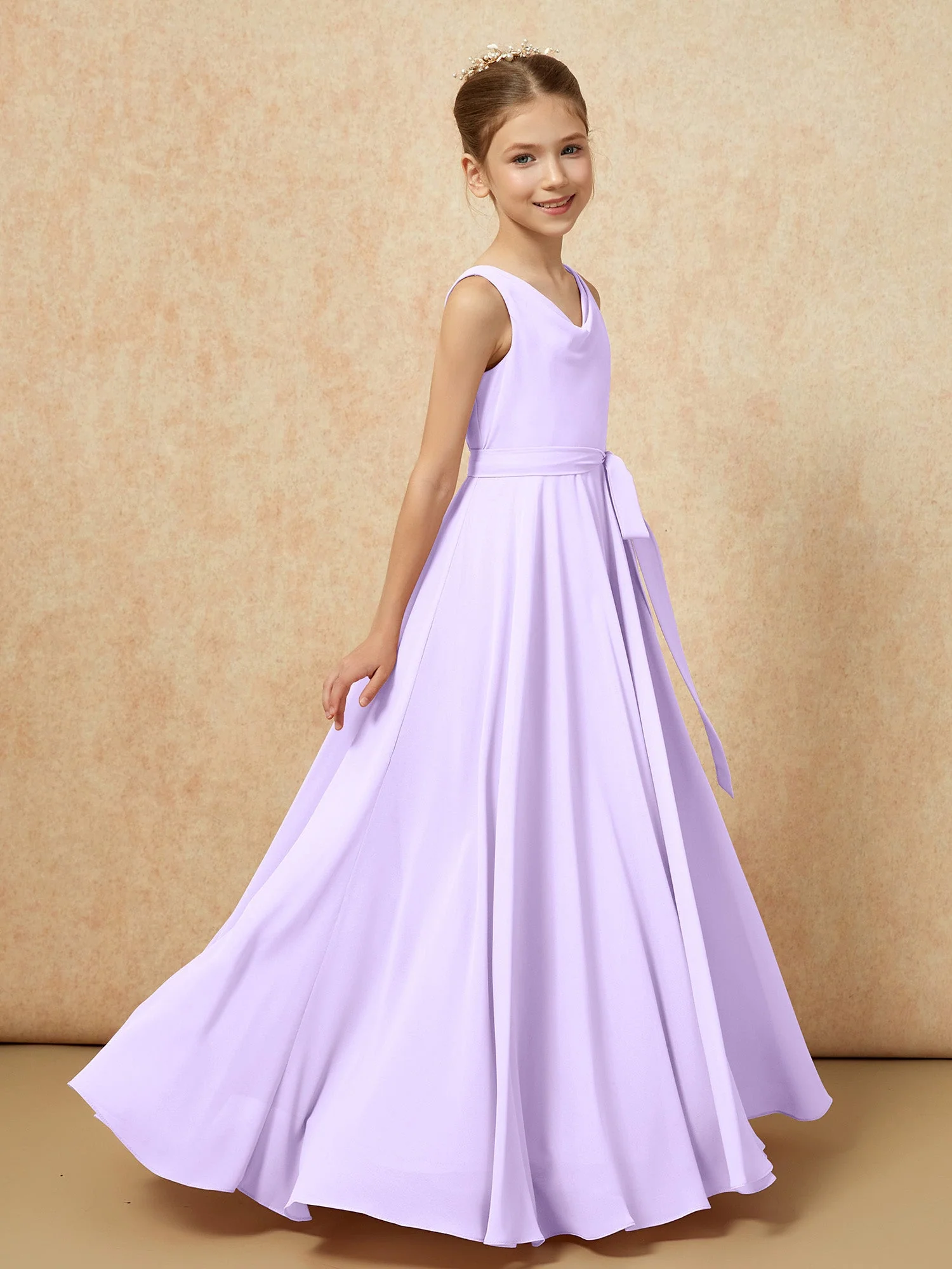 V-Ausschnitt Lang Chiffon Junge Brautjungfernkleider mit Gürtel Lila - Image 3