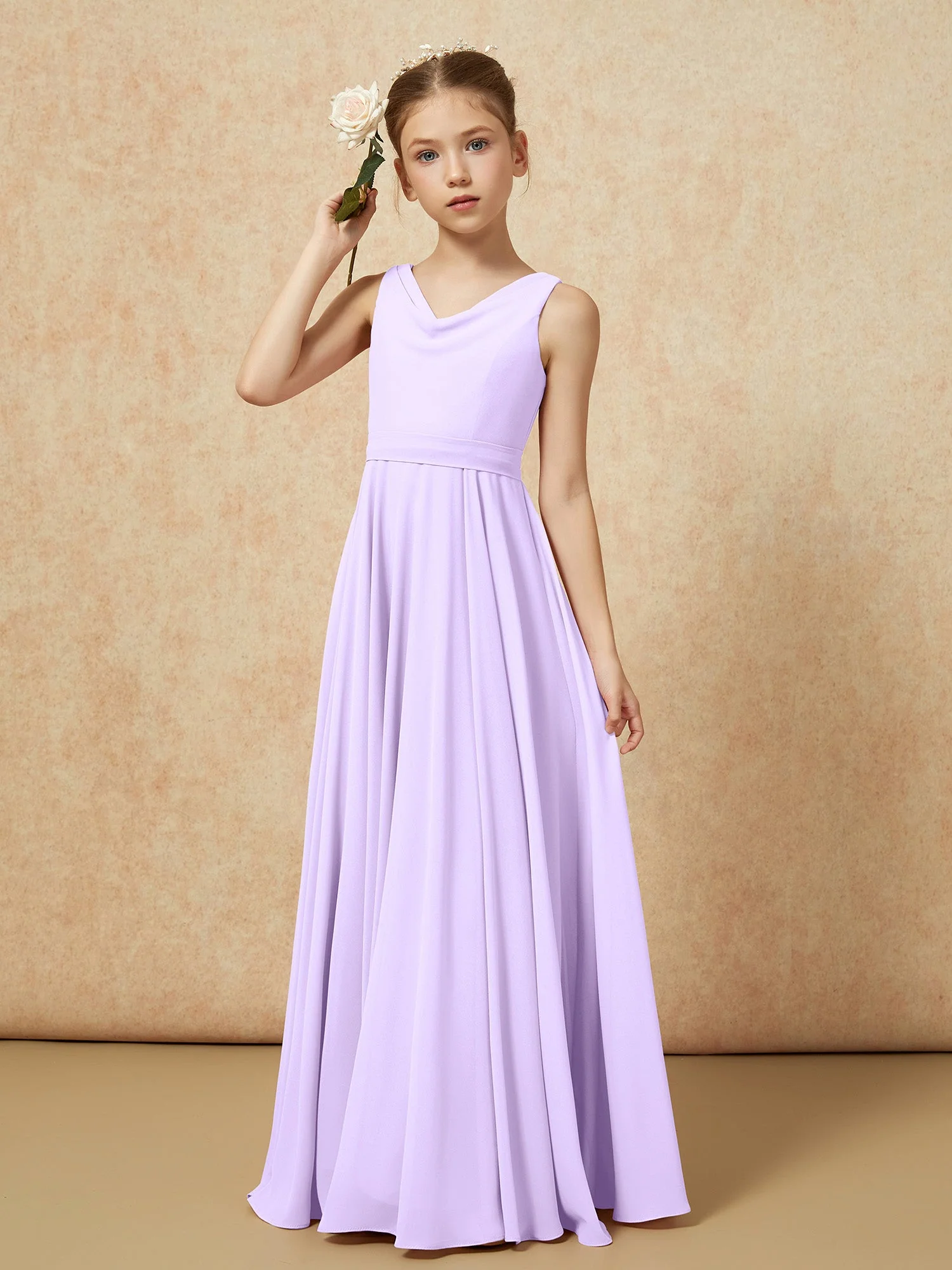 V-Ausschnitt Lang Chiffon Junge Brautjungfernkleider mit Gürtel Lila - Image 4