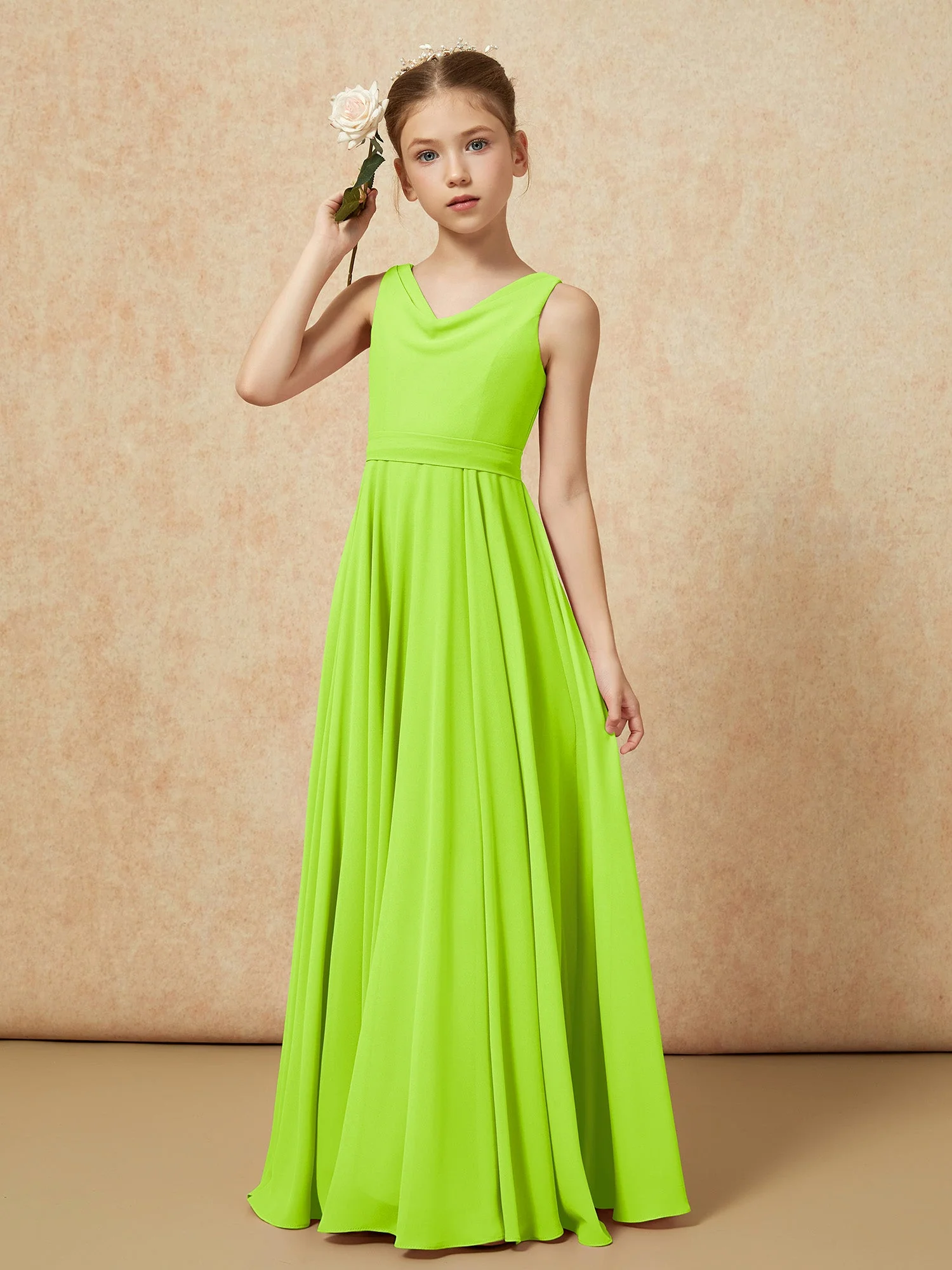V-Ausschnitt Lang Chiffon Junge Brautjungfernkleider mit Gürtel Lindgrün - Image 4