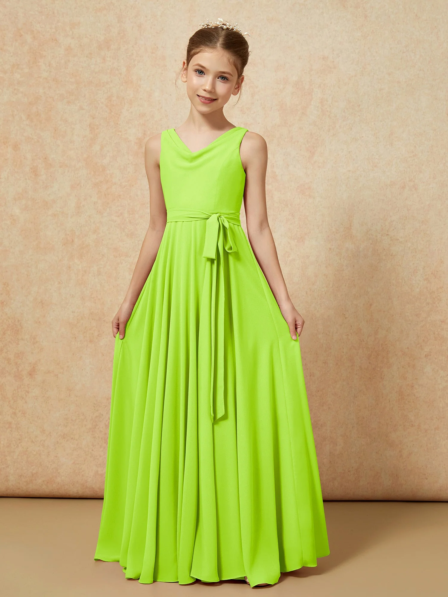 V-Ausschnitt Lang Chiffon Junge Brautjungfernkleider mit Gürtel Lindgrün - Image 5