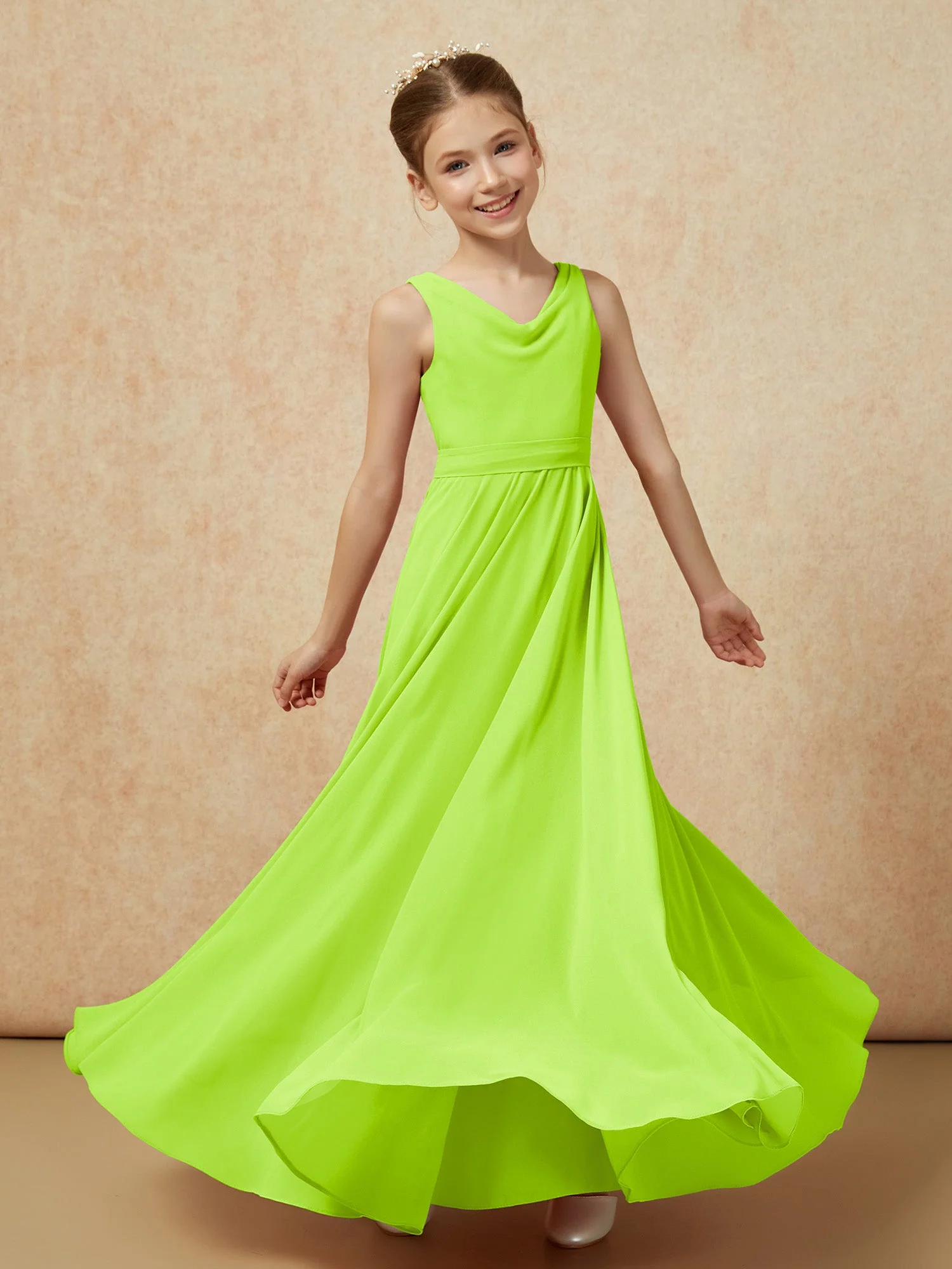 V-Ausschnitt Lang Chiffon Junge Brautjungfernkleider mit Gürtel Lindgrün - Image 6