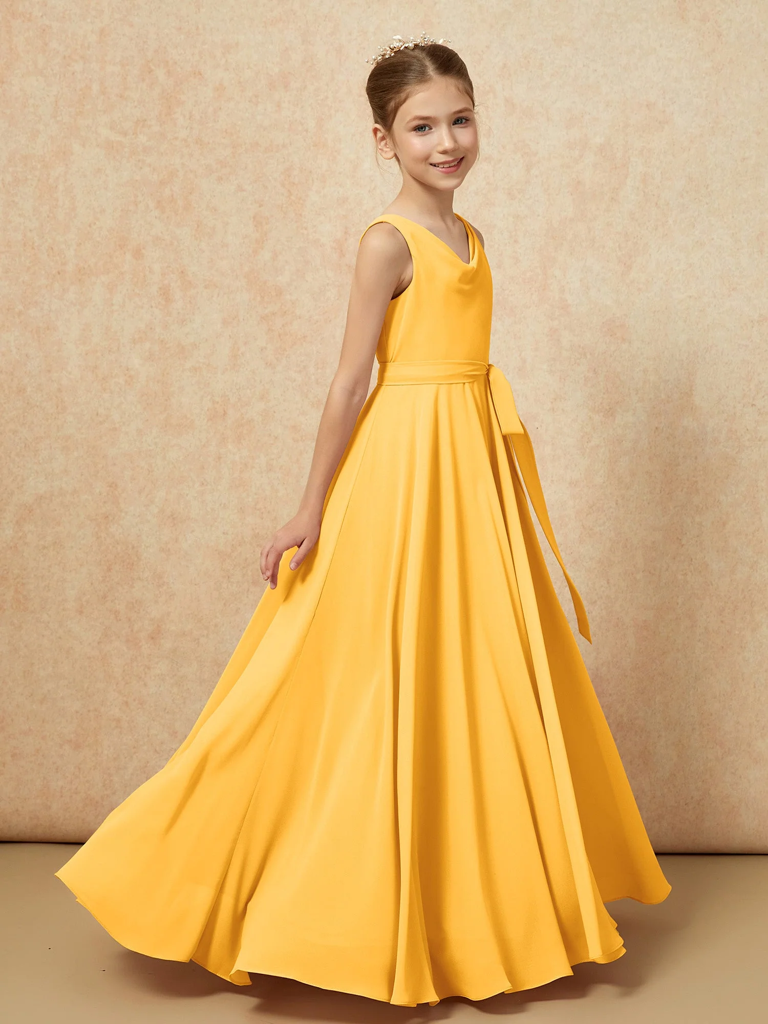 V-Ausschnitt Lang Chiffon Junge Brautjungfernkleider mit Gürtel Mandarine - Image 3