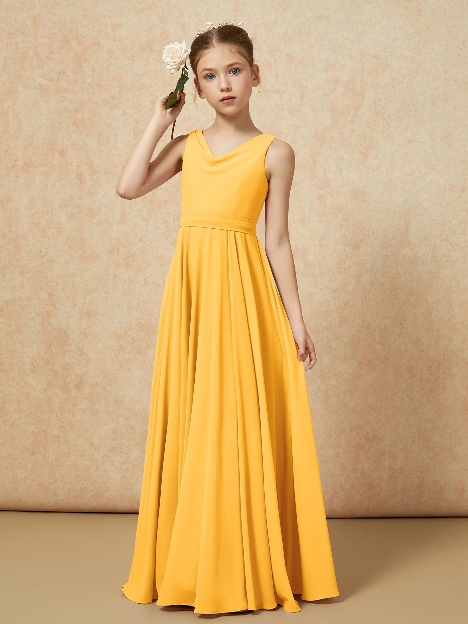 V-Ausschnitt Lang Chiffon Junge Brautjungfernkleider mit Gürtel Mandarine - Image 4