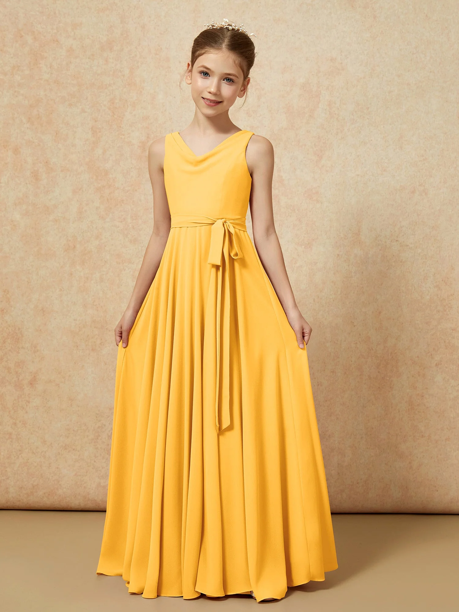 V-Ausschnitt Lang Chiffon Junge Brautjungfernkleider mit Gürtel Mandarine - Image 5
