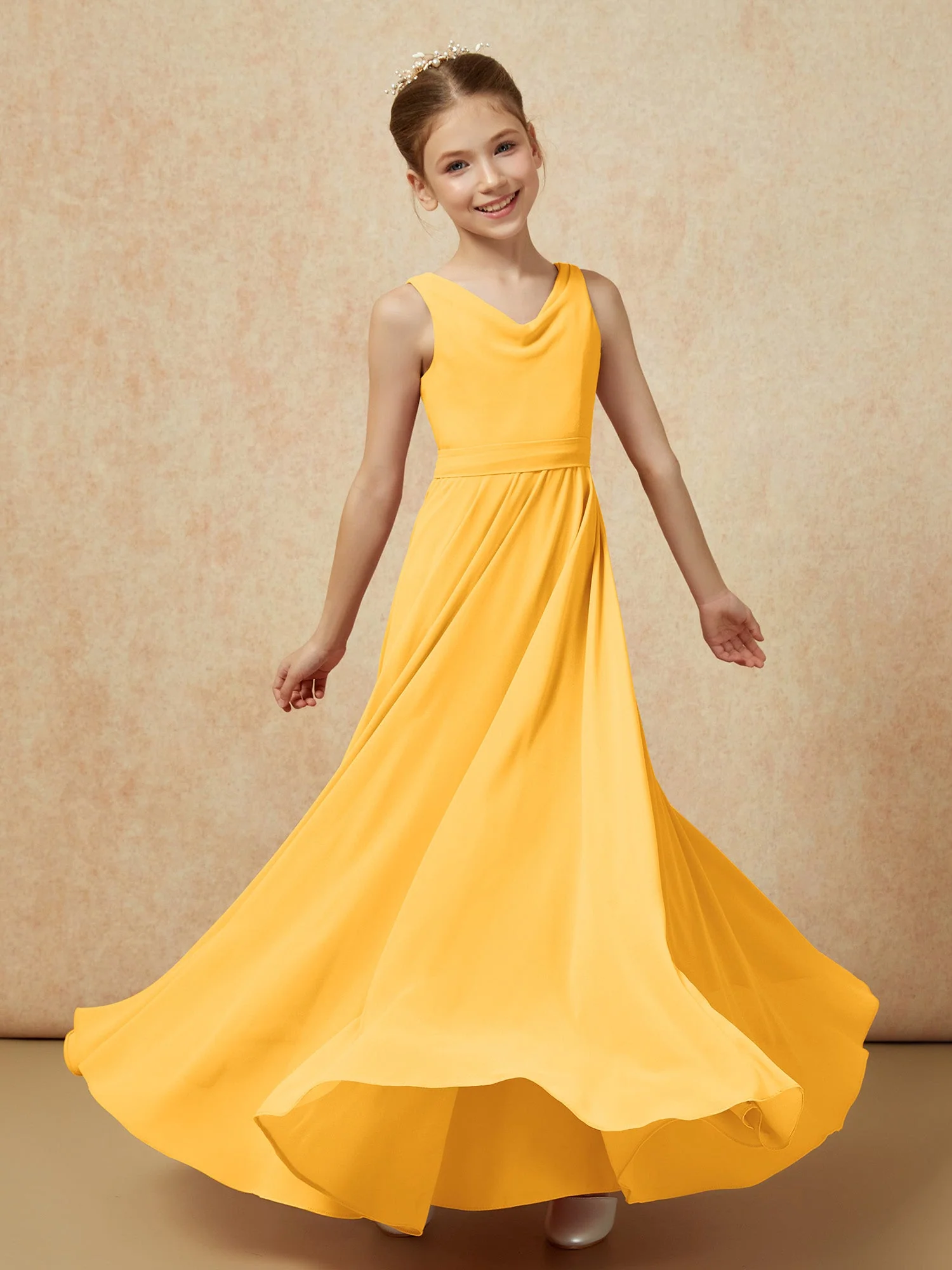 V-Ausschnitt Lang Chiffon Junge Brautjungfernkleider mit Gürtel Mandarine - Image 6