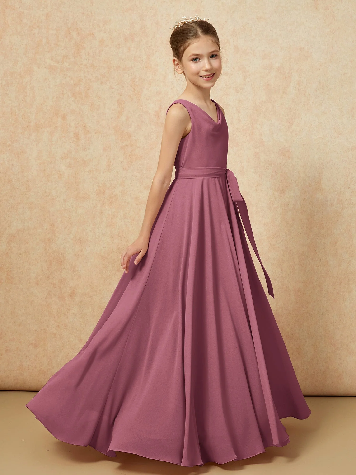 V-Ausschnitt Lang Chiffon Junge Brautjungfernkleider mit Gürtel Maulbeere - Image 3