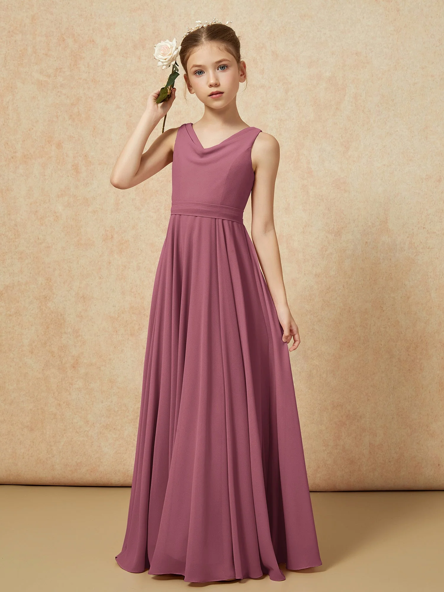 V-Ausschnitt Lang Chiffon Junge Brautjungfernkleider mit Gürtel Maulbeere - Image 4
