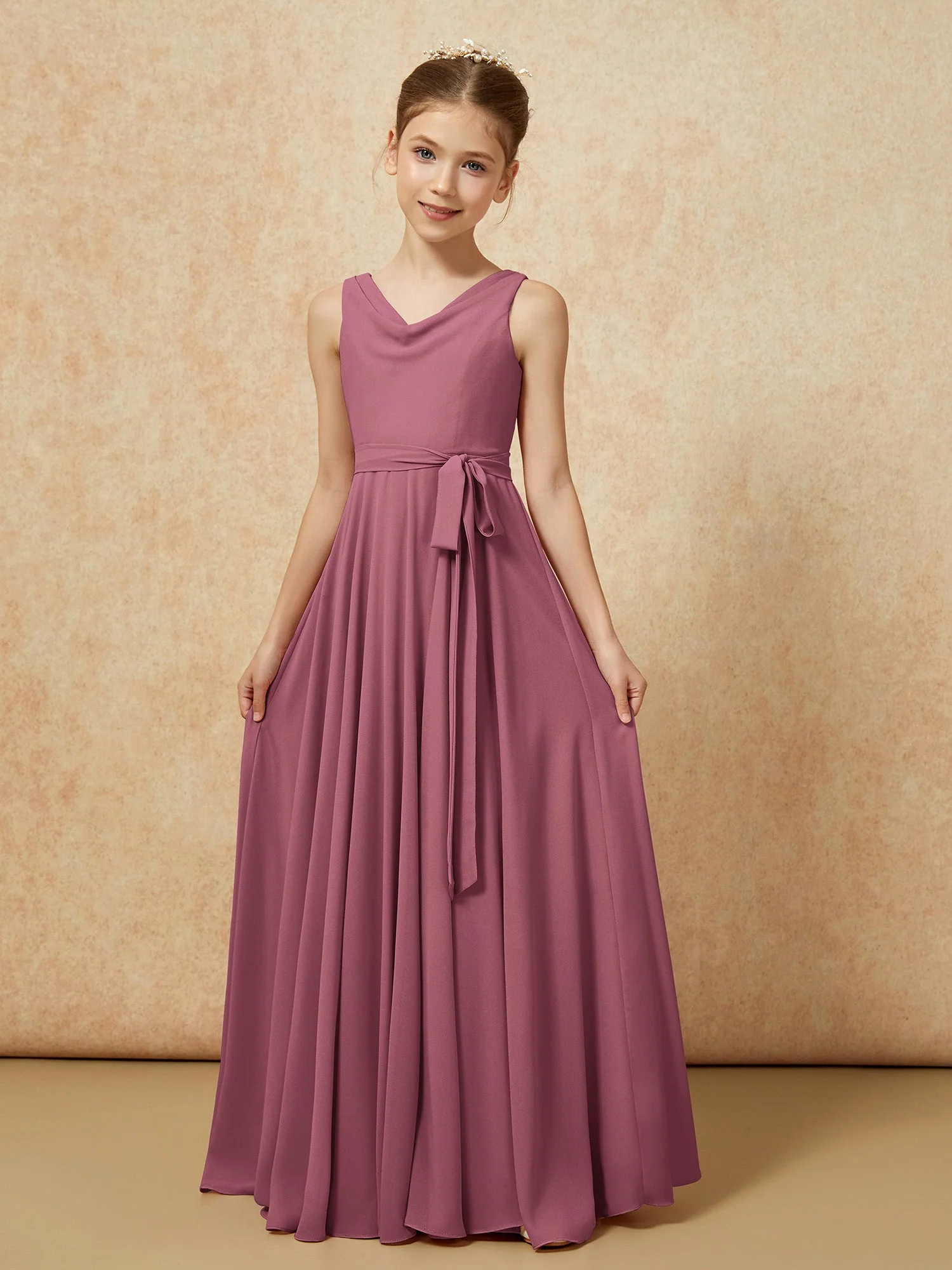 V-Ausschnitt Lang Chiffon Junge Brautjungfernkleider mit Gürtel Maulbeere - Image 5
