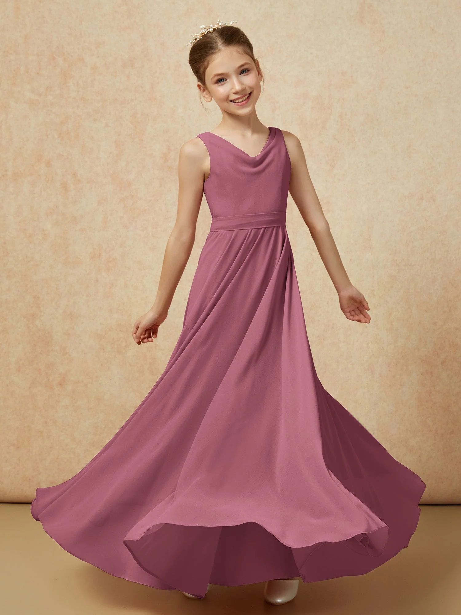 V-Ausschnitt Lang Chiffon Junge Brautjungfernkleider mit Gürtel Maulbeere - Image 6