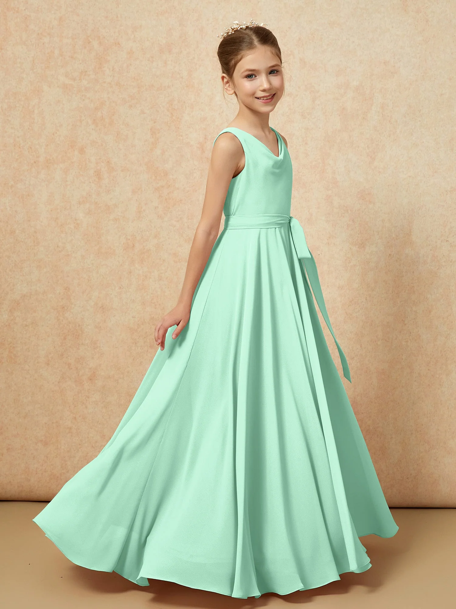 V-Ausschnitt Lang Chiffon Junge Brautjungfernkleider mit Gürtel Minzgrün - Image 3