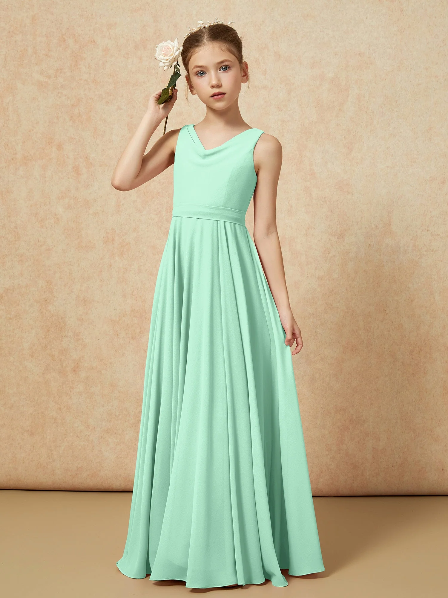 V-Ausschnitt Lang Chiffon Junge Brautjungfernkleider mit Gürtel Minzgrün - Image 4