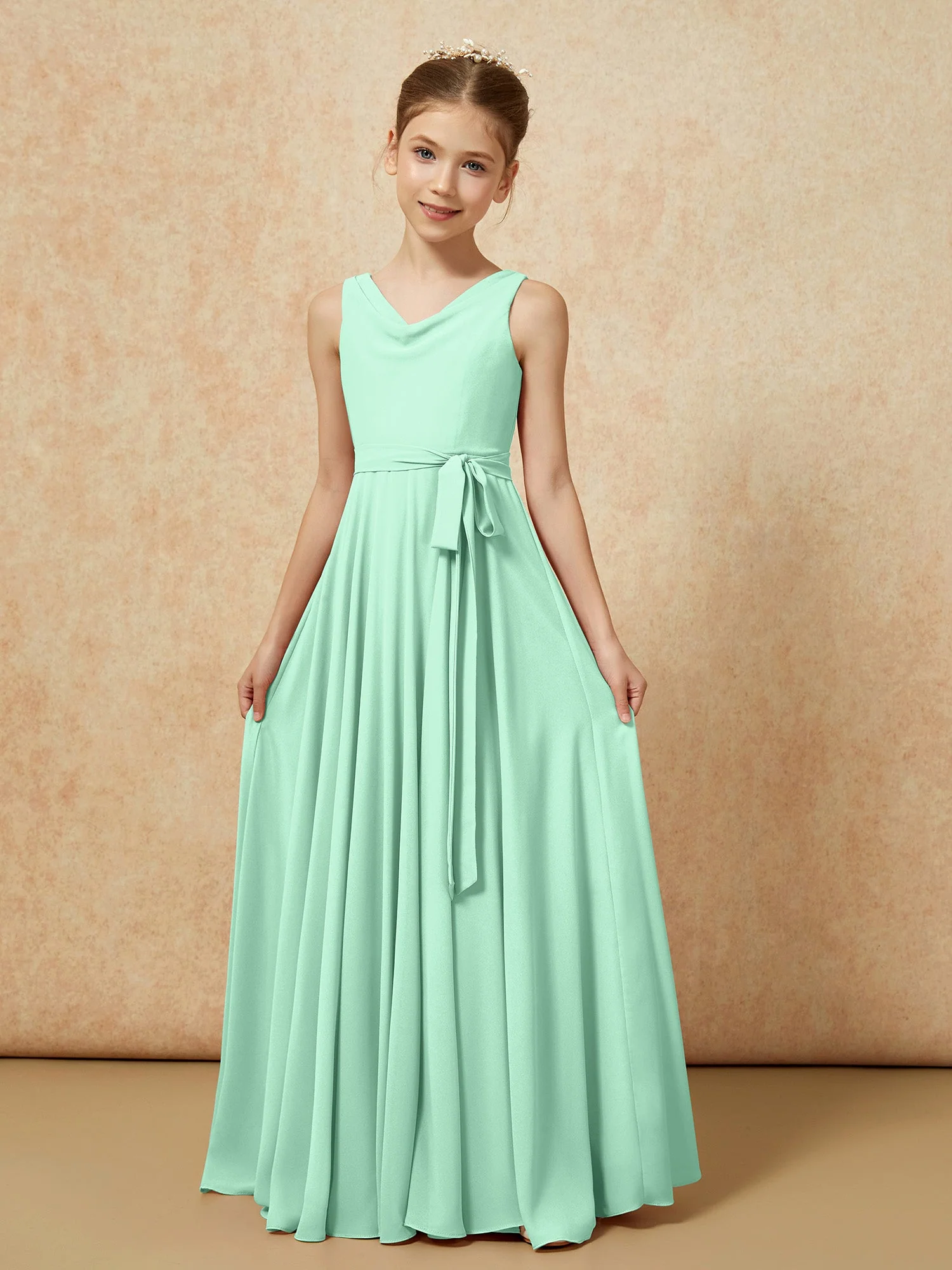 V-Ausschnitt Lang Chiffon Junge Brautjungfernkleider mit Gürtel Minzgrün - Image 5