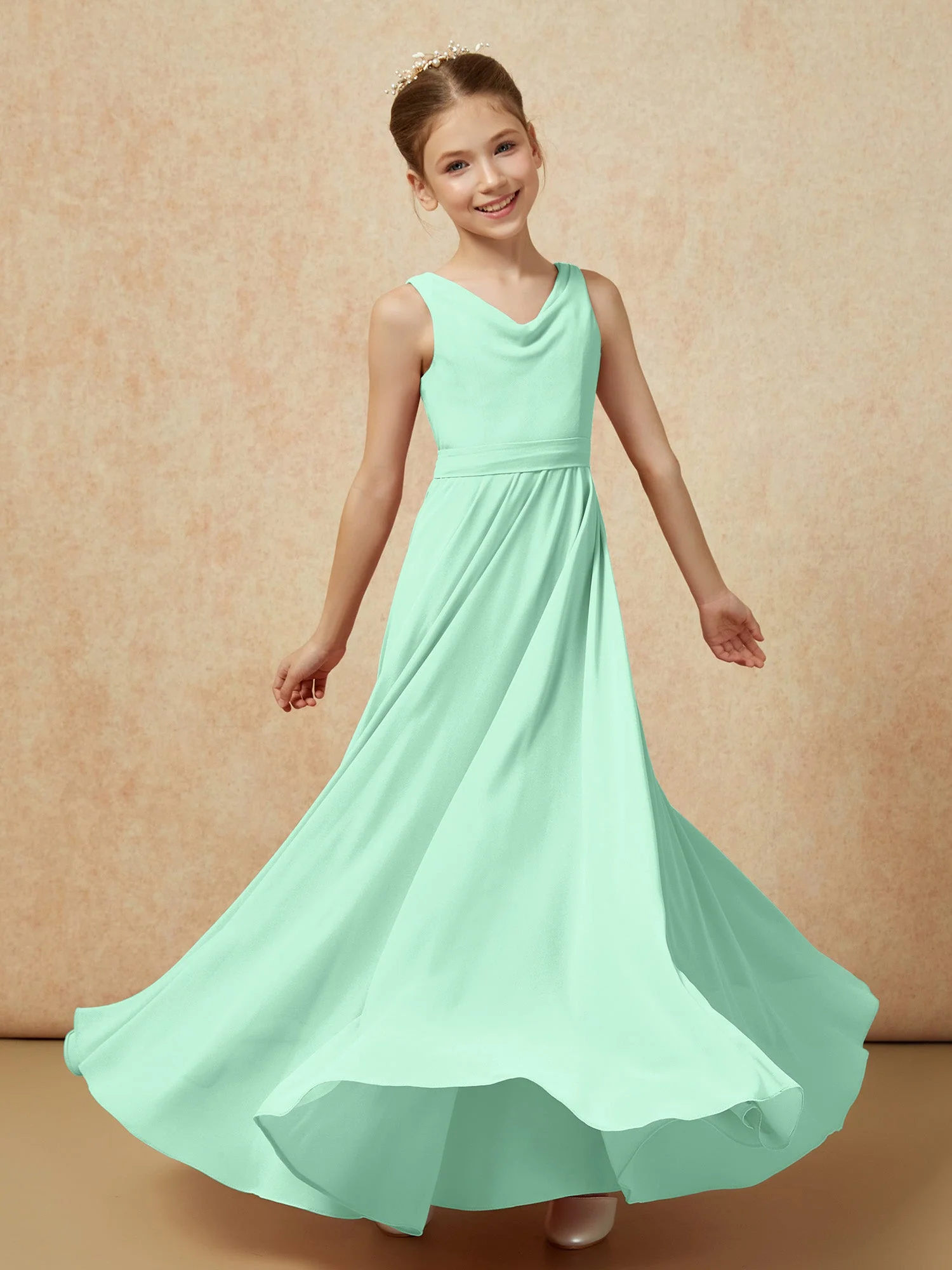 V-Ausschnitt Lang Chiffon Junge Brautjungfernkleider mit Gürtel Minzgrün - Image 6