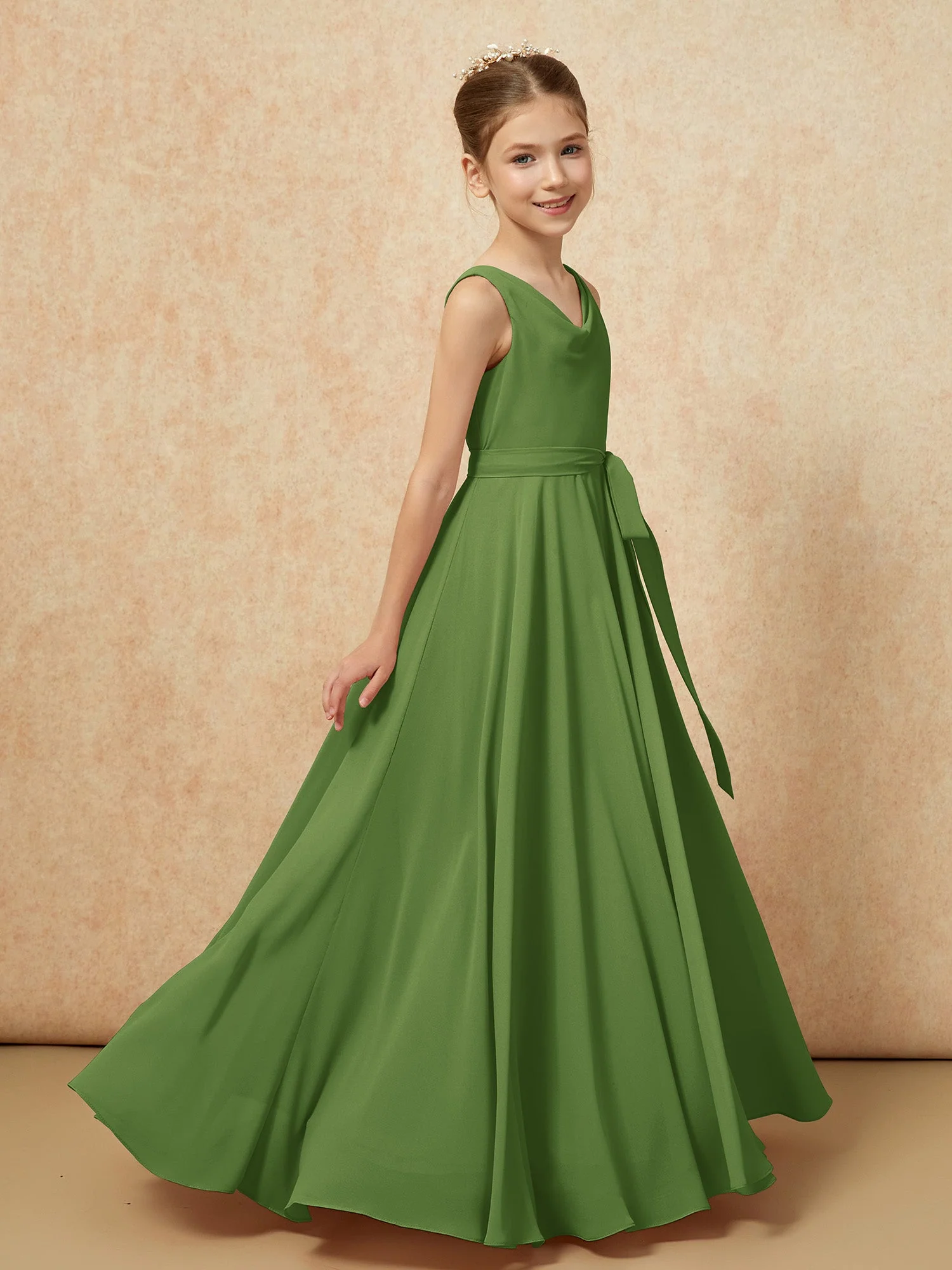 V-Ausschnitt Lang Chiffon Junge Brautjungfernkleider mit Gürtel Moos - Image 3