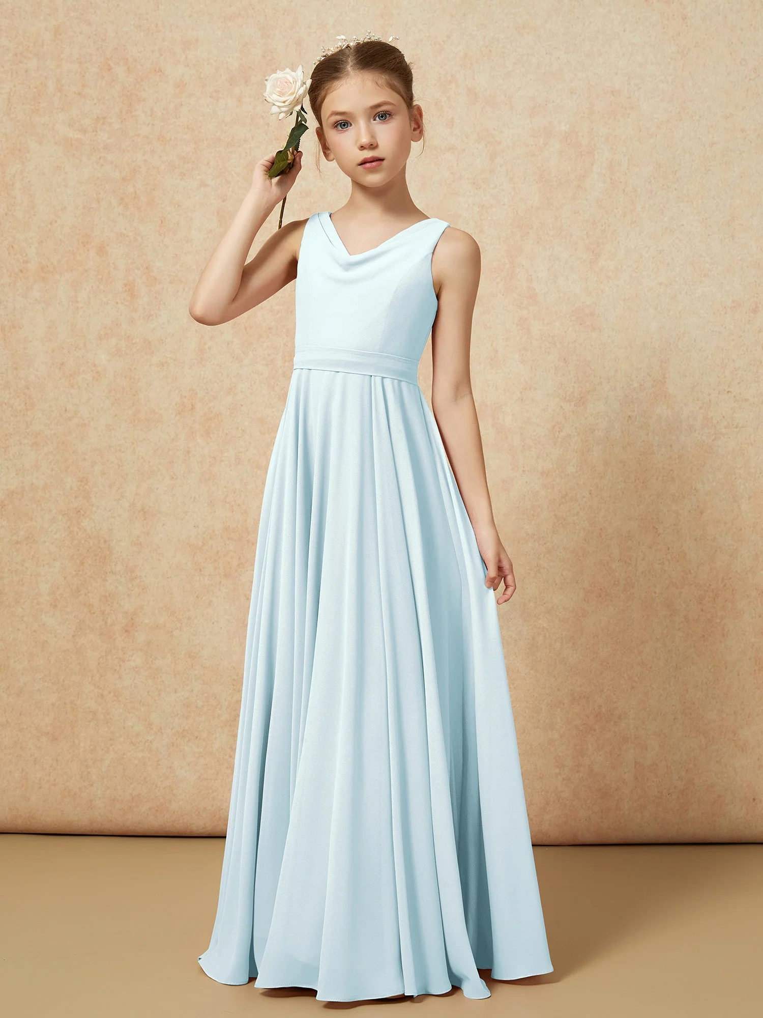 V-Ausschnitt Lang Chiffon Junge Brautjungfernkleider mit Gürtel Nebel - Image 4
