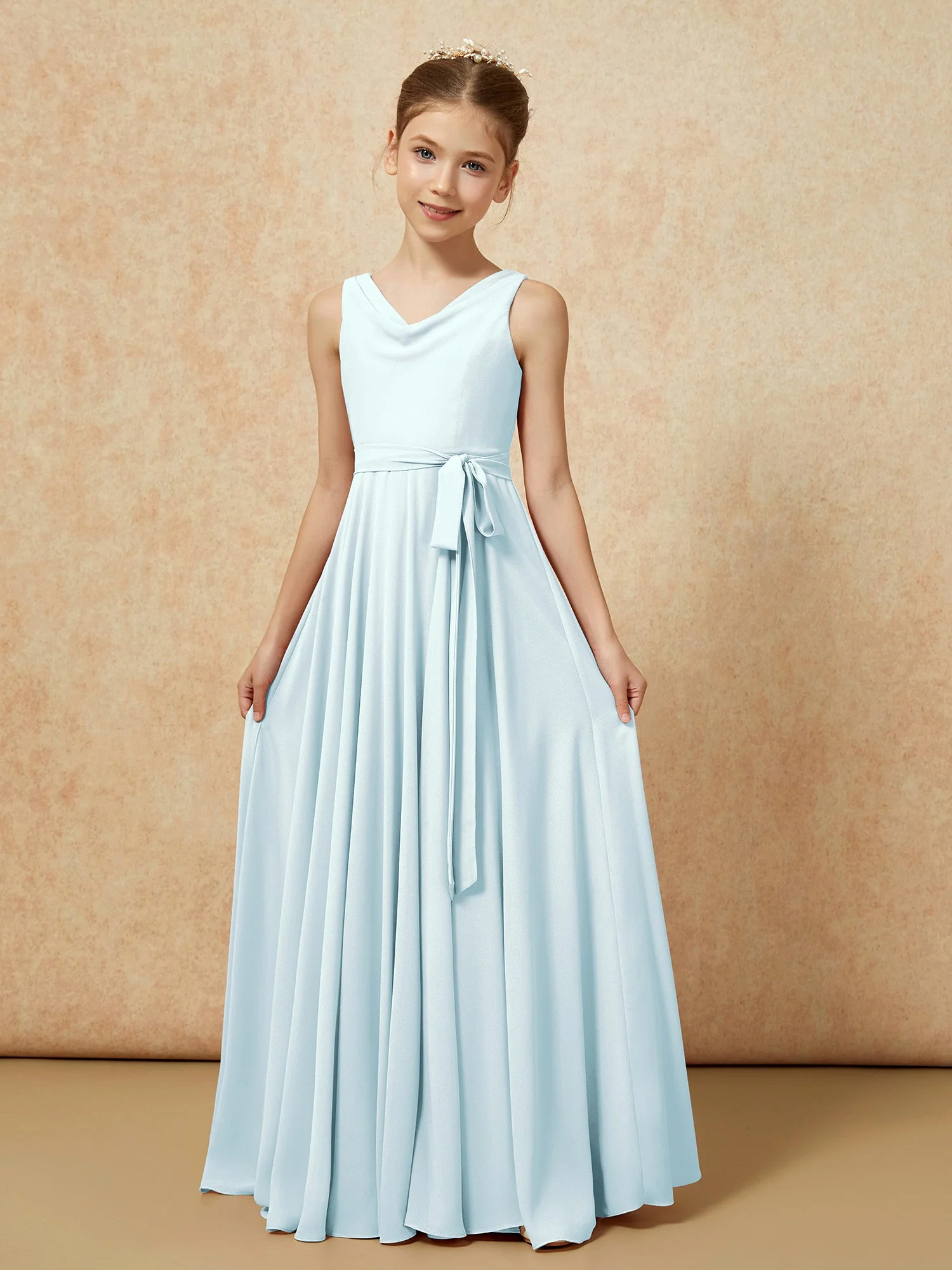 V-Ausschnitt Lang Chiffon Junge Brautjungfernkleider mit Gürtel Nebel - Image 5