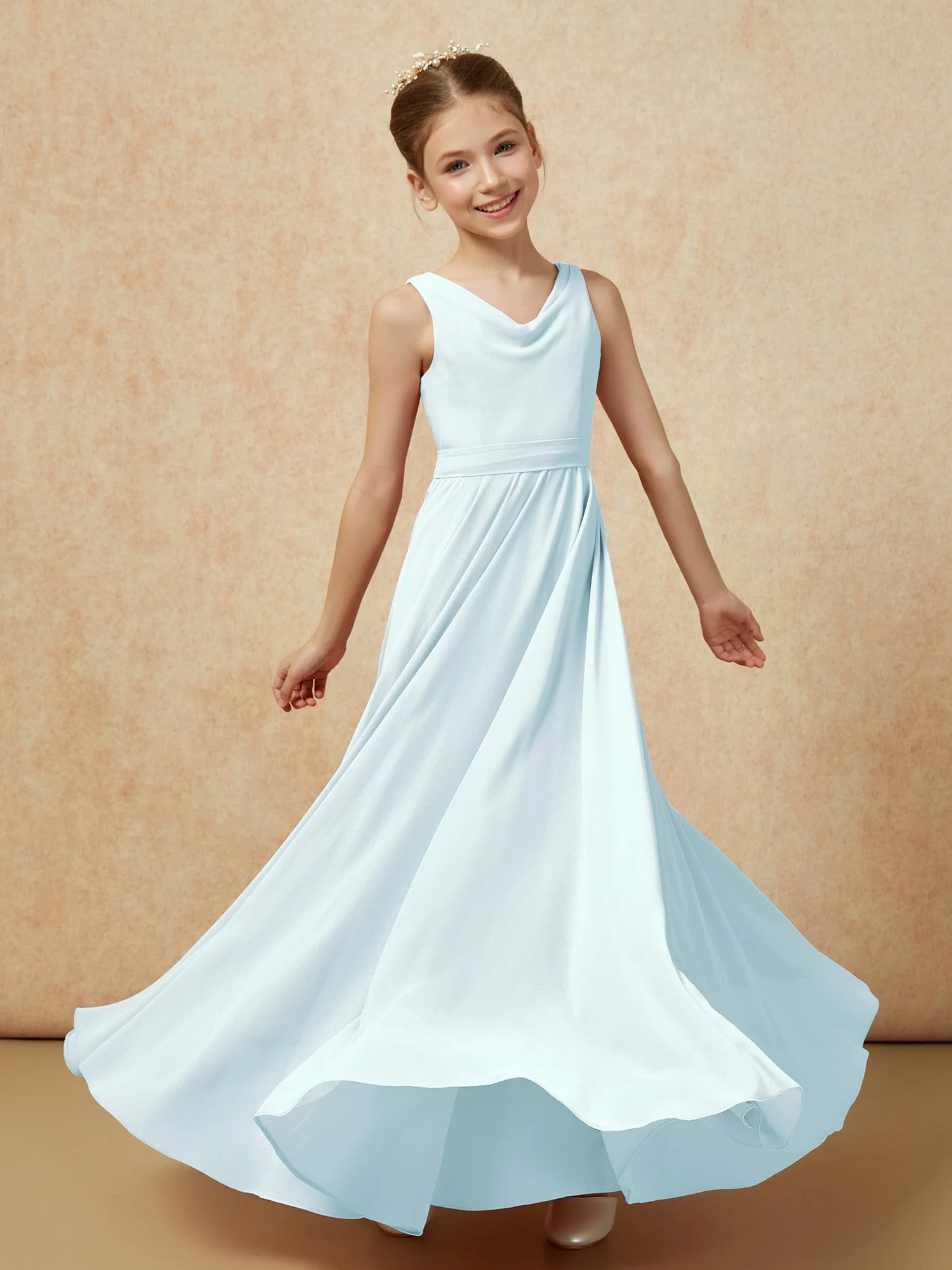 V-Ausschnitt Lang Chiffon Junge Brautjungfernkleider mit Gürtel Nebel - Image 6