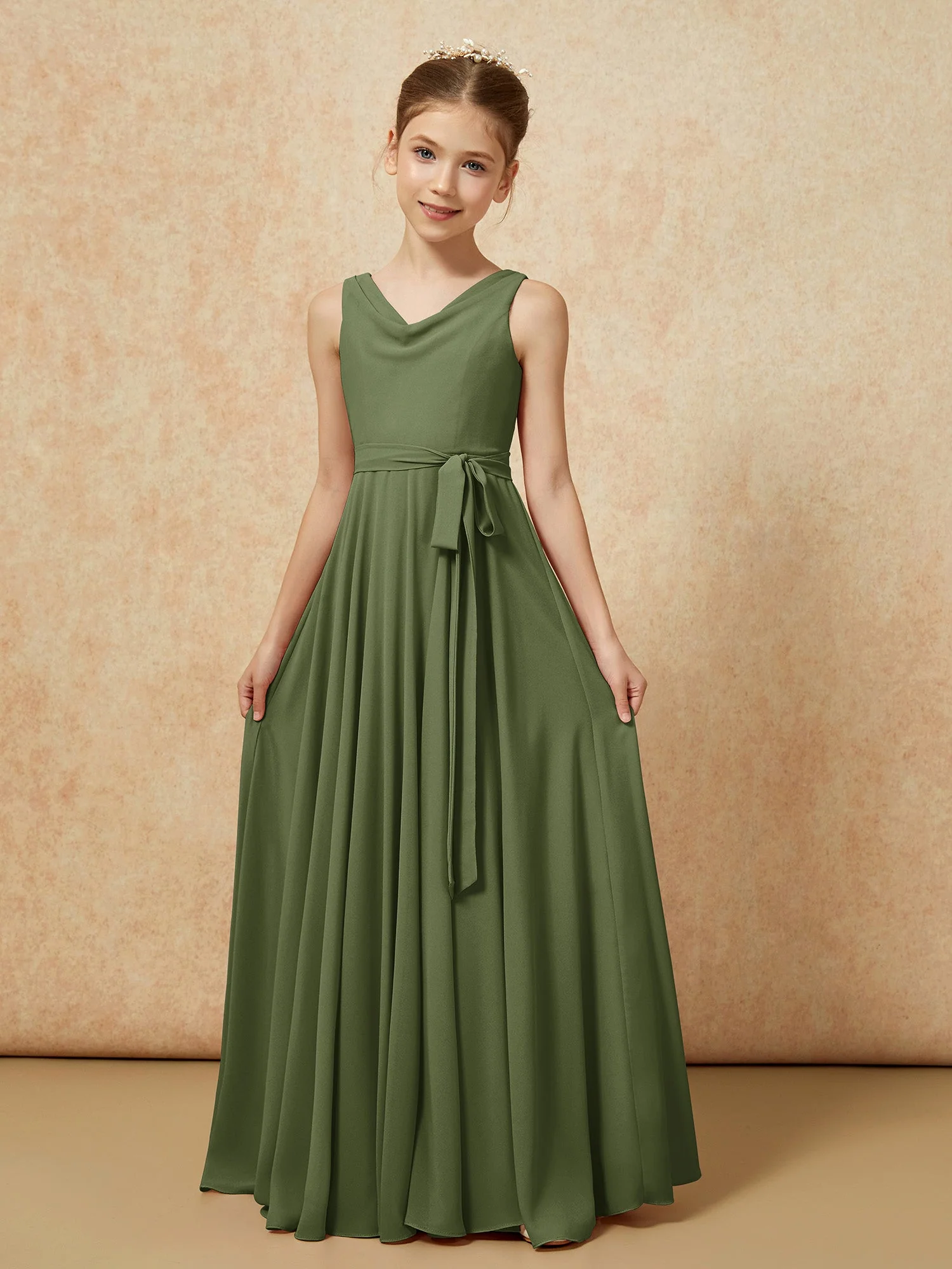 V-Ausschnitt Lang Chiffon Junge Brautjungfernkleider mit Gürtel Olivgrün - Image 5