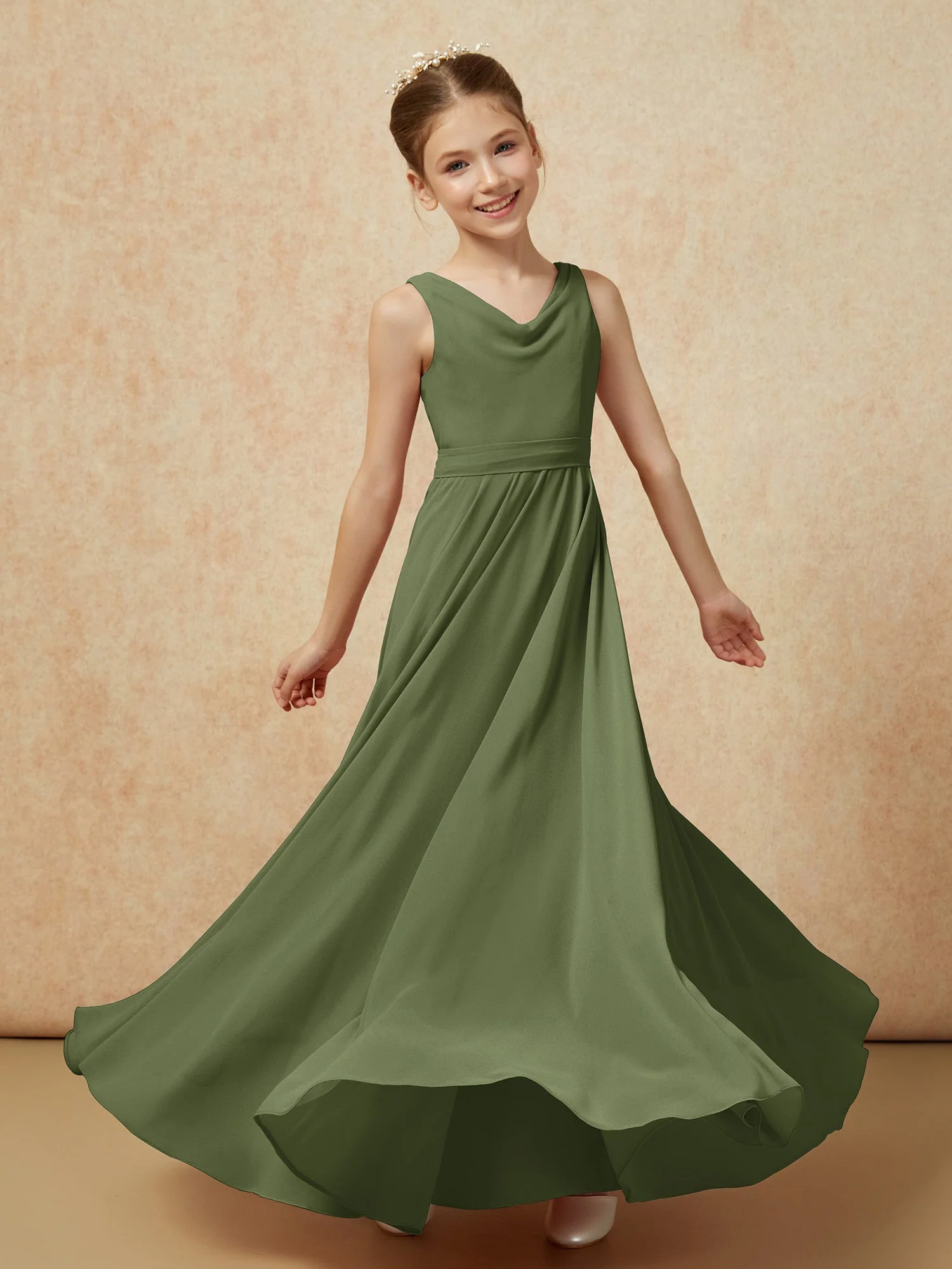 V-Ausschnitt Lang Chiffon Junge Brautjungfernkleider mit Gürtel Olivgrün - Image 6