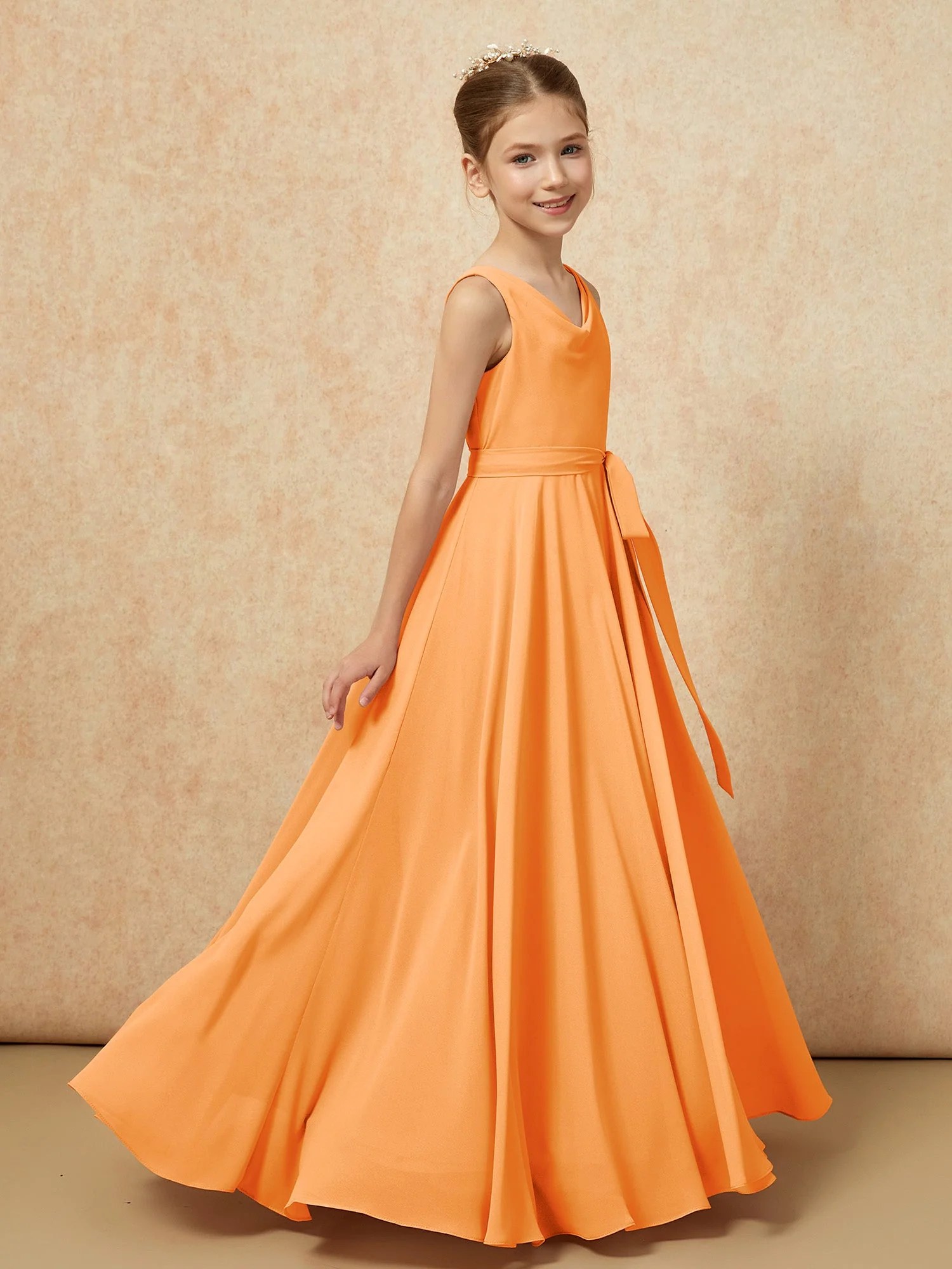 V-Ausschnitt Lang Chiffon Junge Brautjungfernkleider mit Gürtel Orange - Image 3