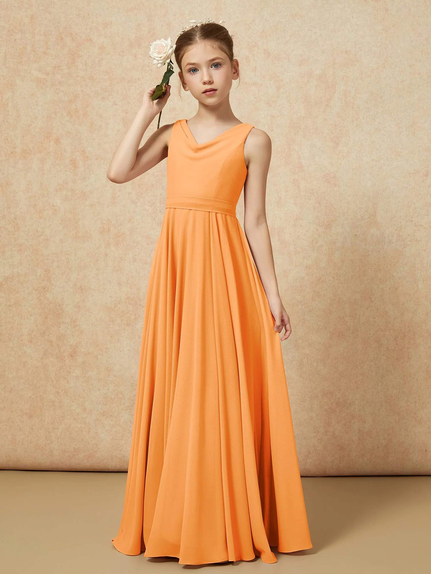 V-Ausschnitt Lang Chiffon Junge Brautjungfernkleider mit Gürtel Orange - Image 4