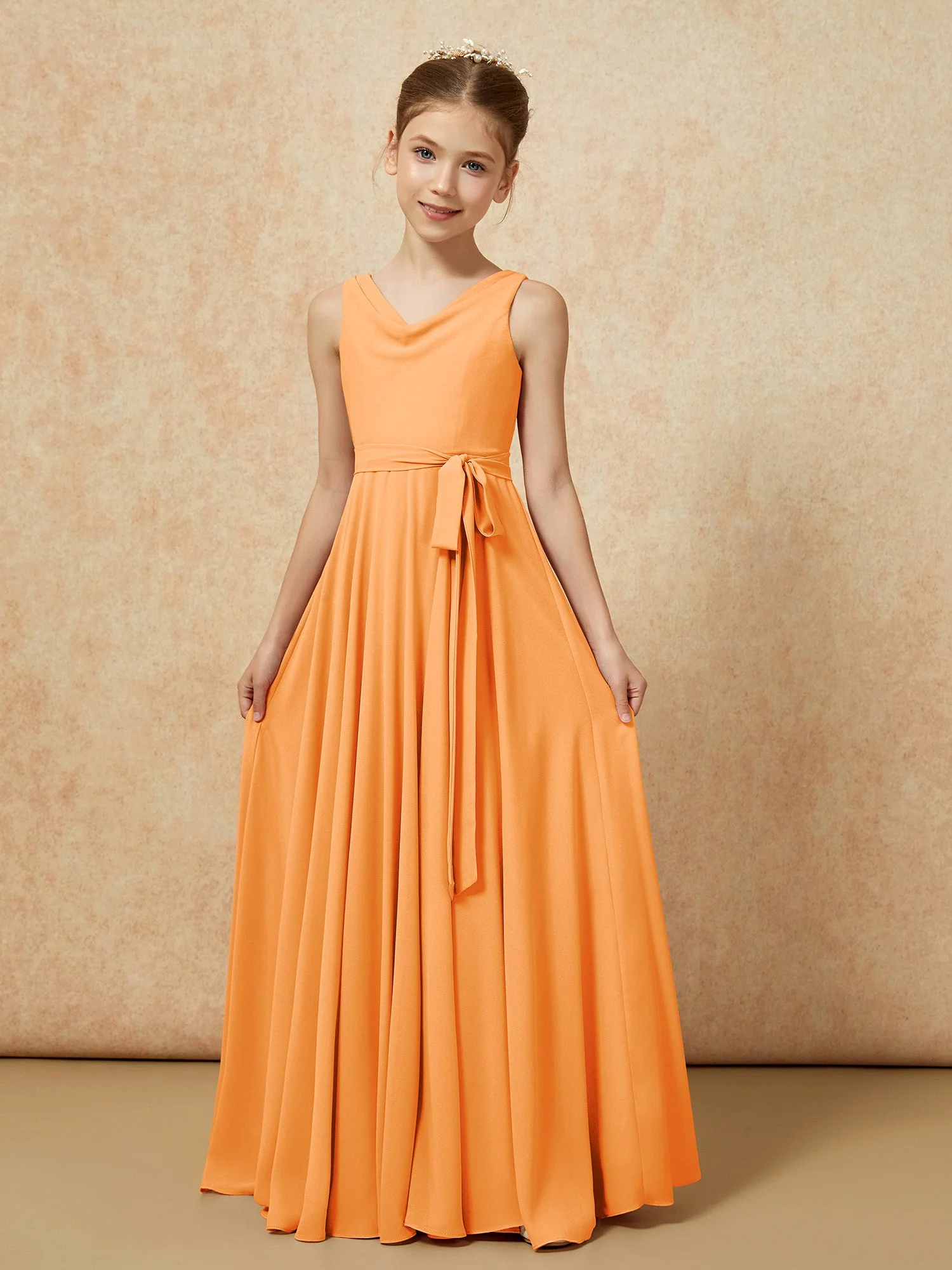 V-Ausschnitt Lang Chiffon Junge Brautjungfernkleider mit Gürtel Orange - Image 5