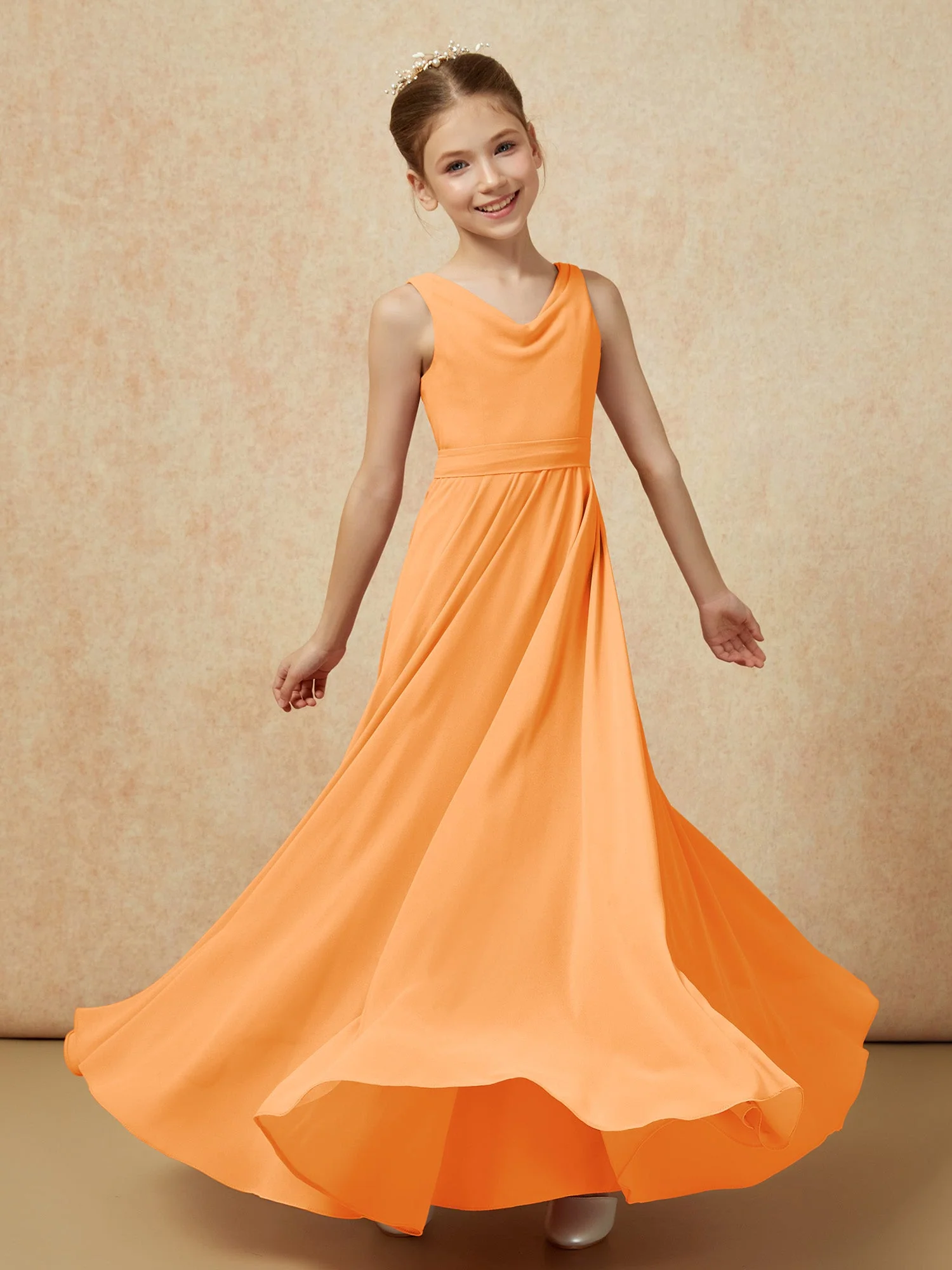 V-Ausschnitt Lang Chiffon Junge Brautjungfernkleider mit Gürtel Orange - Image 6
