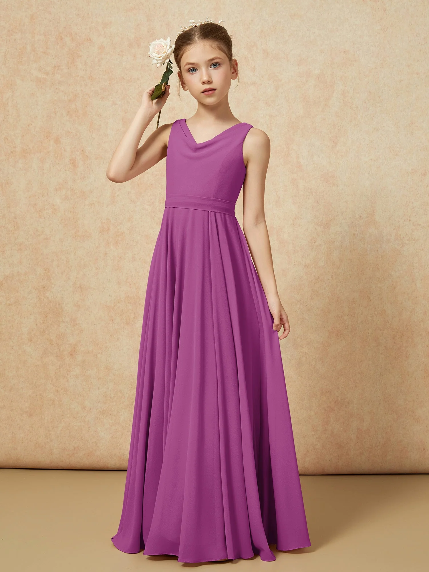V-Ausschnitt Lang Chiffon Junge Brautjungfernkleider mit Gürtel Orchidee - Image 4