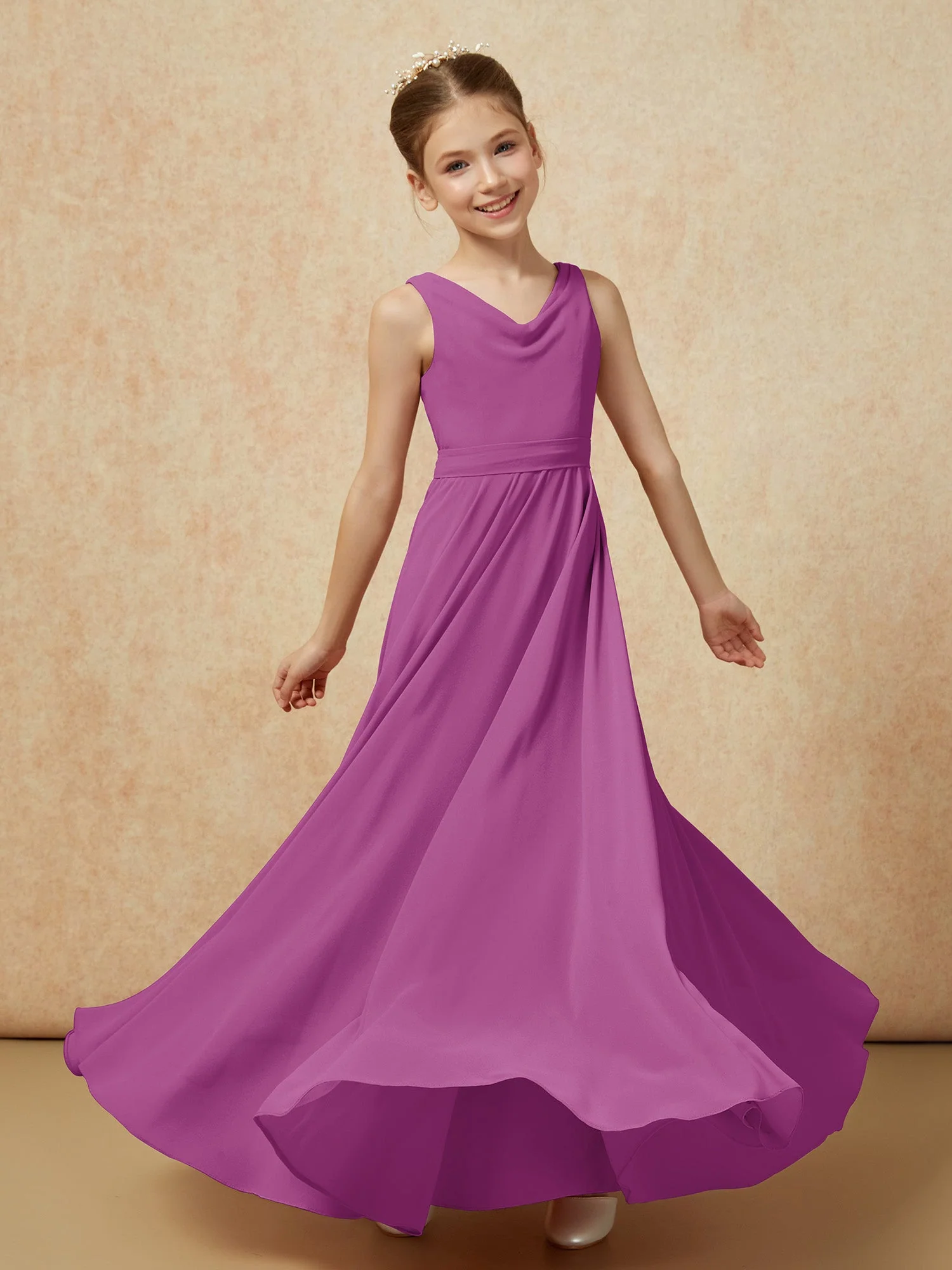 V-Ausschnitt Lang Chiffon Junge Brautjungfernkleider mit Gürtel Orchidee - Image 6