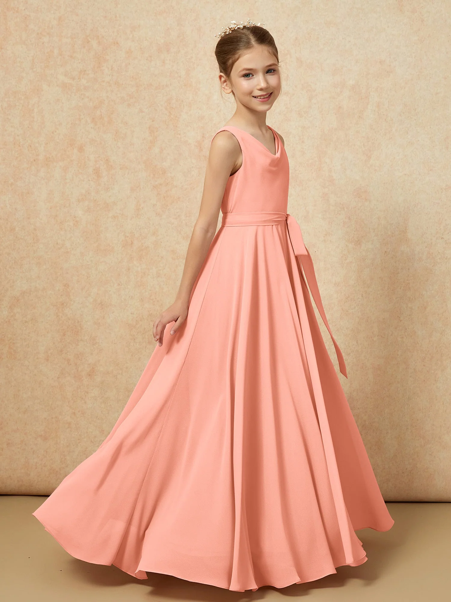 V-Ausschnitt Lang Chiffon Junge Brautjungfernkleider mit Gürtel Papaya - Image 3