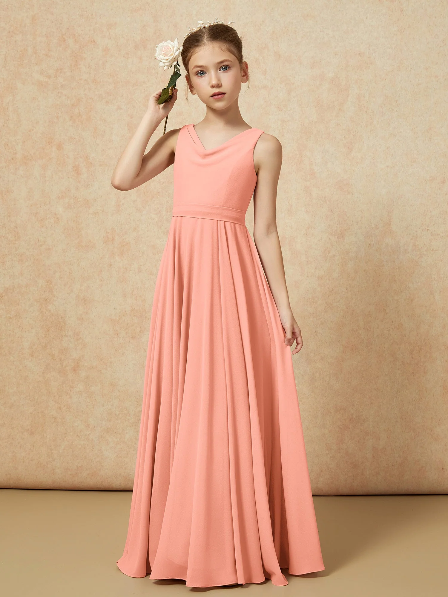 V-Ausschnitt Lang Chiffon Junge Brautjungfernkleider mit Gürtel Papaya - Image 4