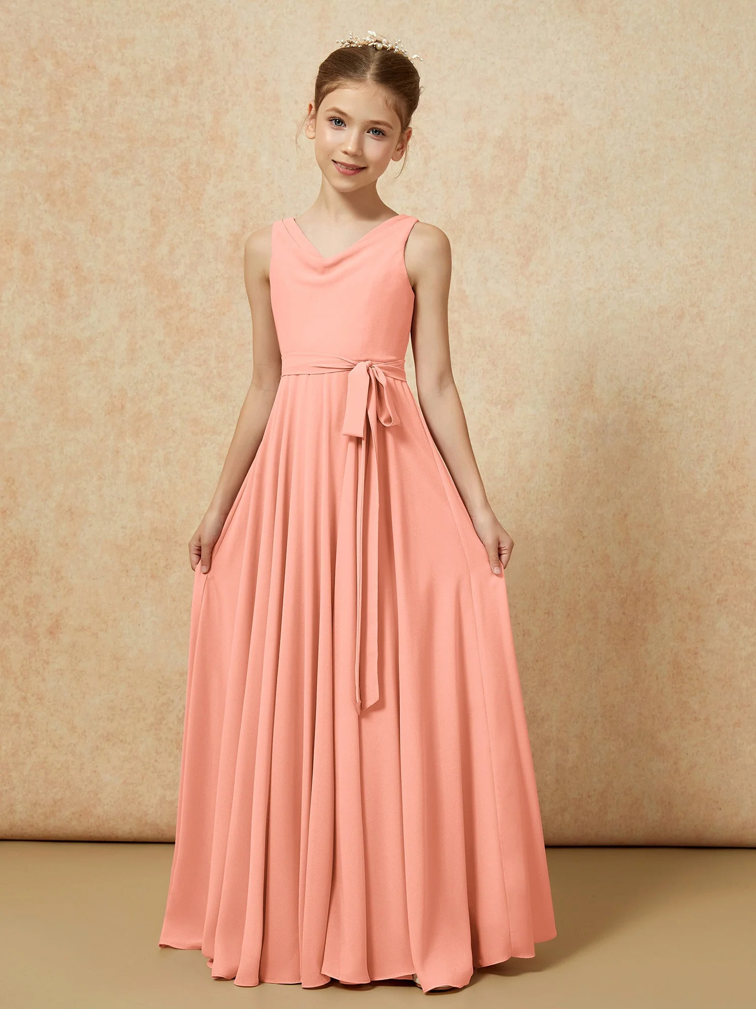 V-Ausschnitt Lang Chiffon Junge Brautjungfernkleider mit Gürtel Papaya - Image 5