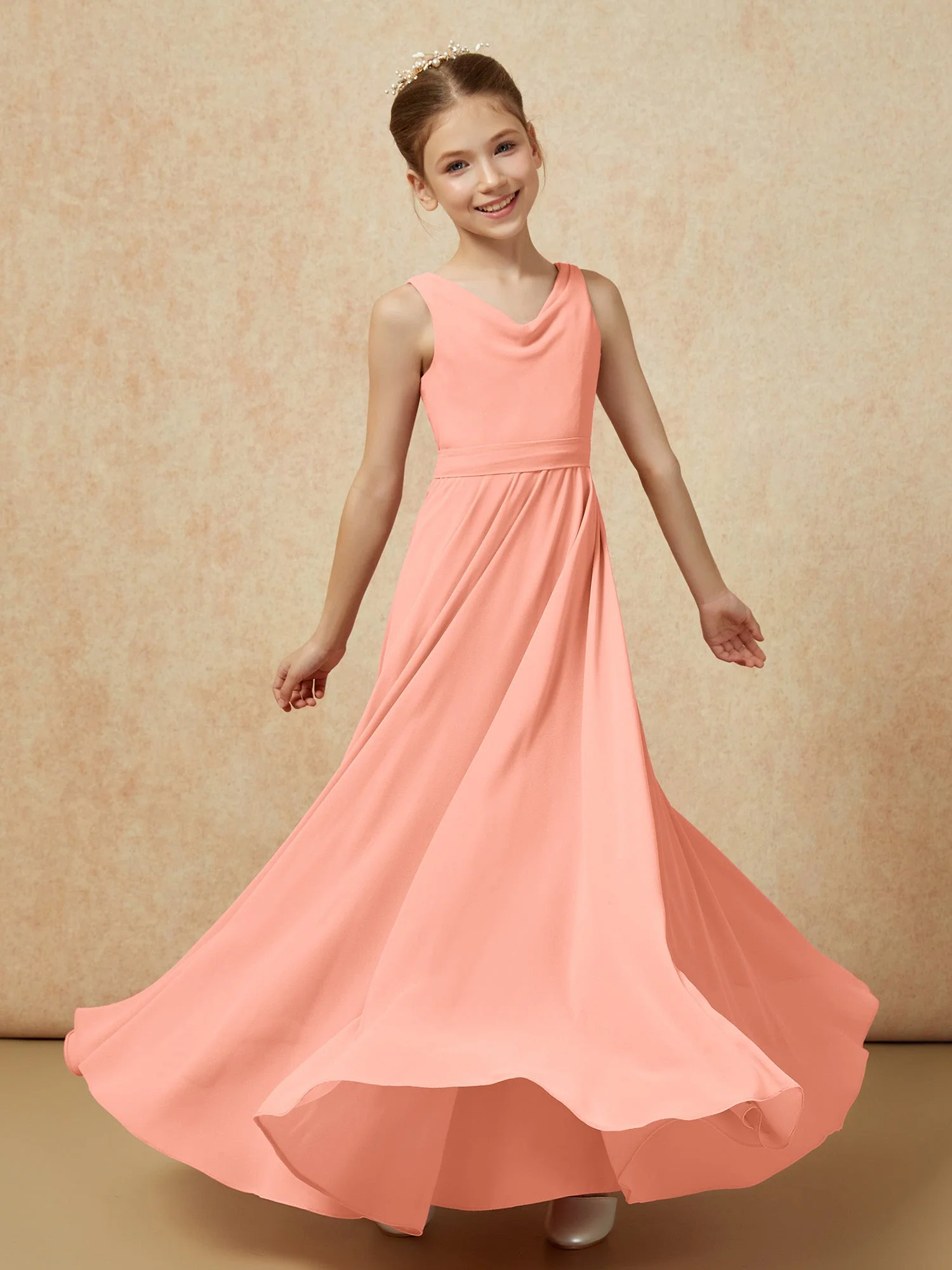 V-Ausschnitt Lang Chiffon Junge Brautjungfernkleider mit Gürtel Papaya - Image 6