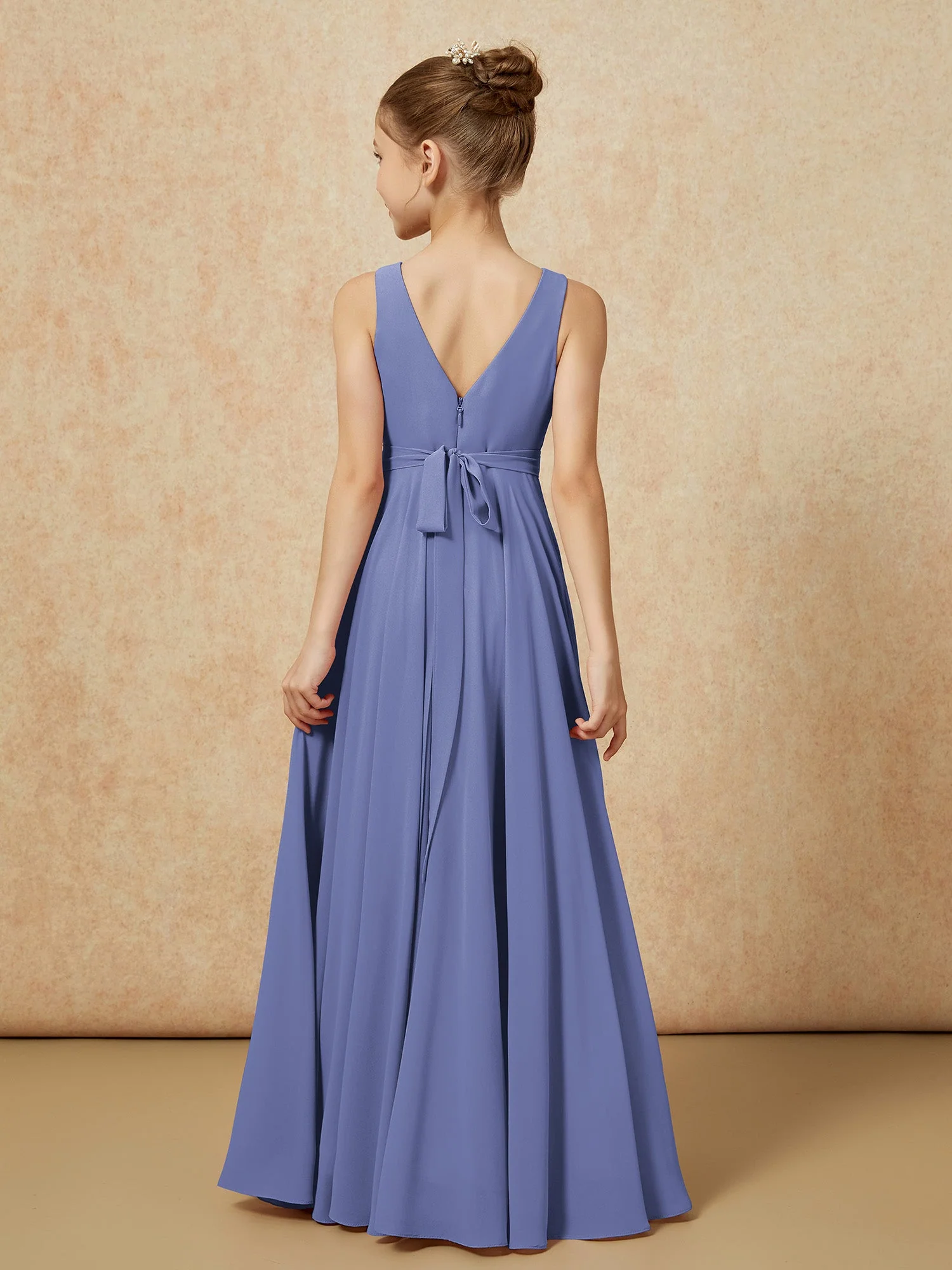 V-Ausschnitt Lang Chiffon Junge Brautjungfernkleider mit Gürtel Periwinkleblau - Image 2