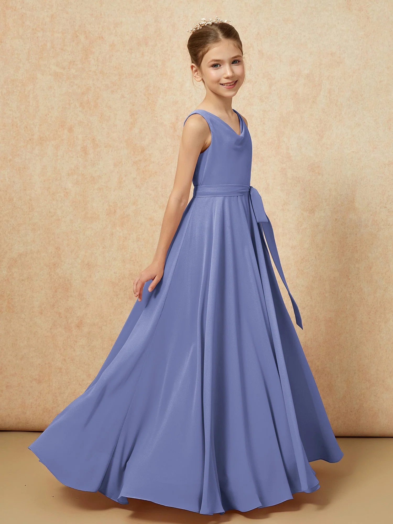 V-Ausschnitt Lang Chiffon Junge Brautjungfernkleider mit Gürtel Periwinkleblau - Image 3
