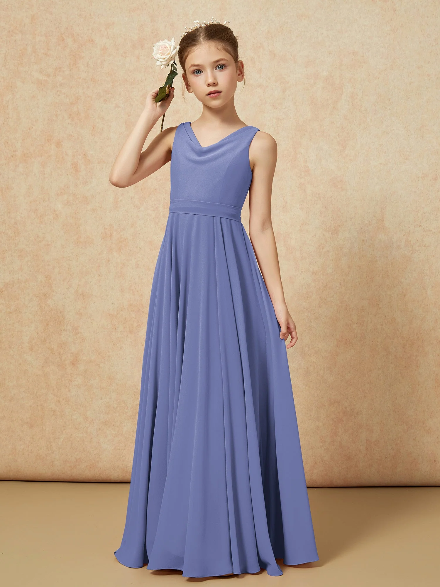 V-Ausschnitt Lang Chiffon Junge Brautjungfernkleider mit Gürtel Periwinkleblau - Image 4