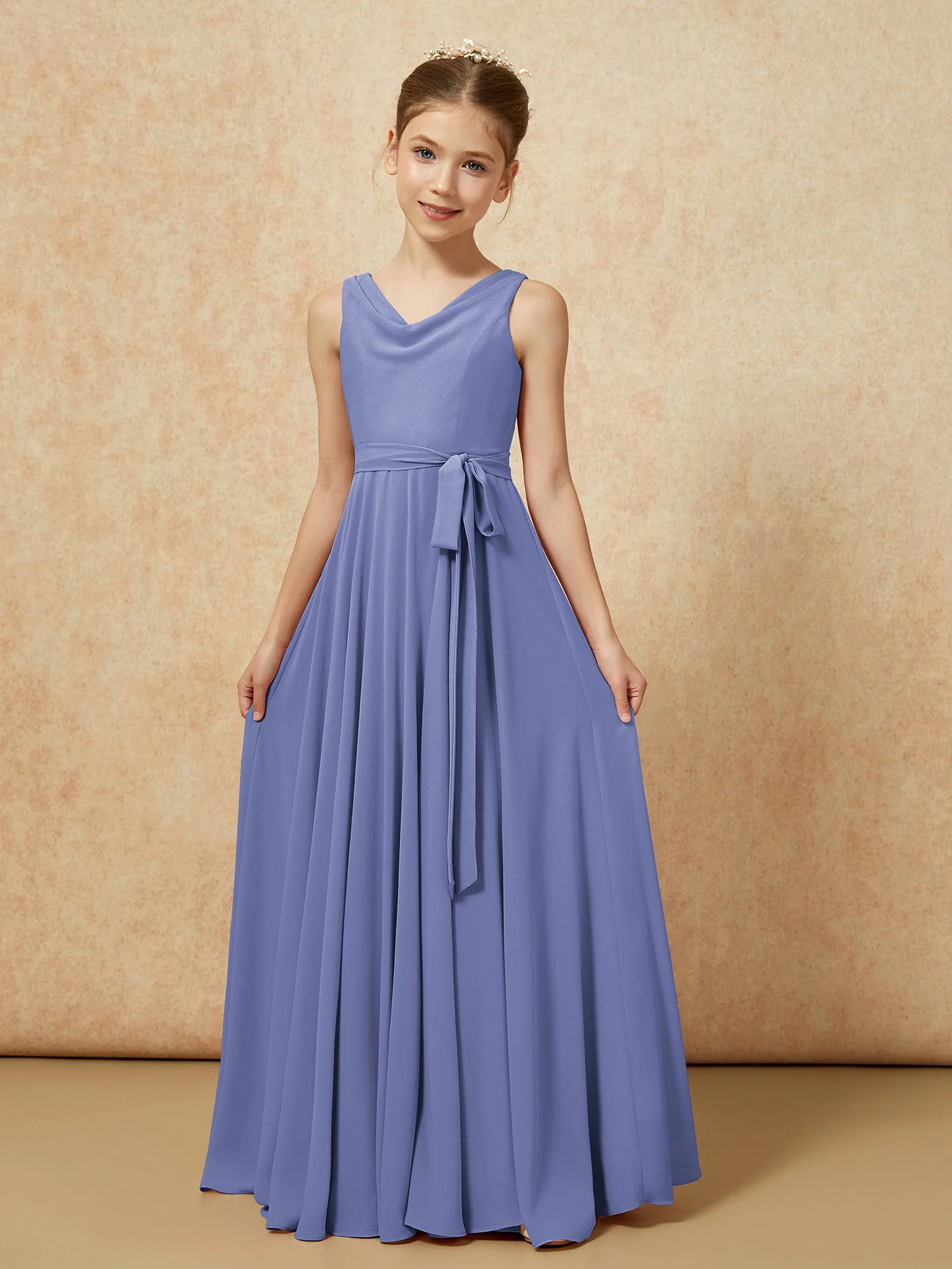 V-Ausschnitt Lang Chiffon Junge Brautjungfernkleider mit Gürtel Periwinkleblau - Image 5